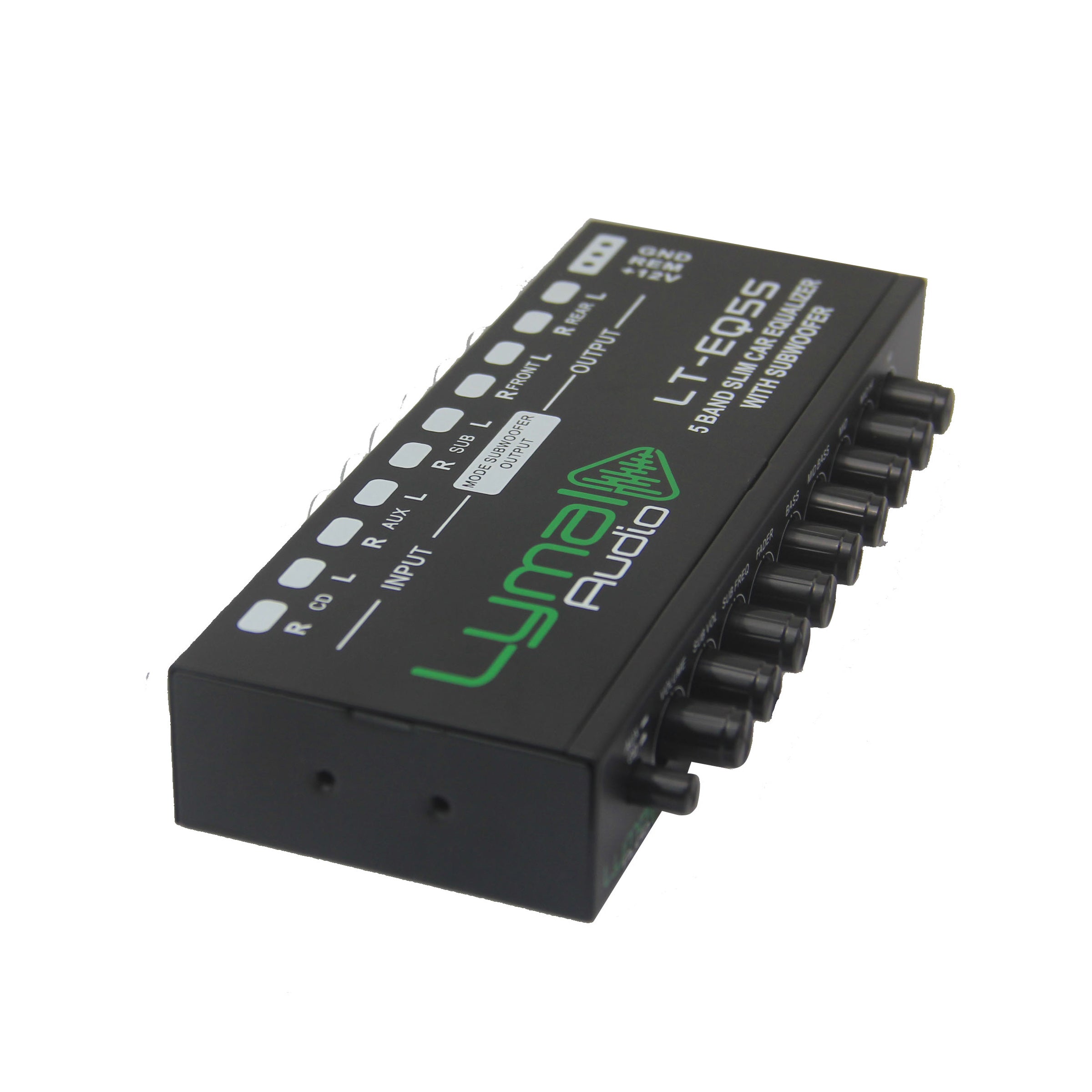 Lymal Audio LT-EQ5S 5 Band 9 Volt Car Audio Graphic Equalizer with sleek design and adjustable controls.