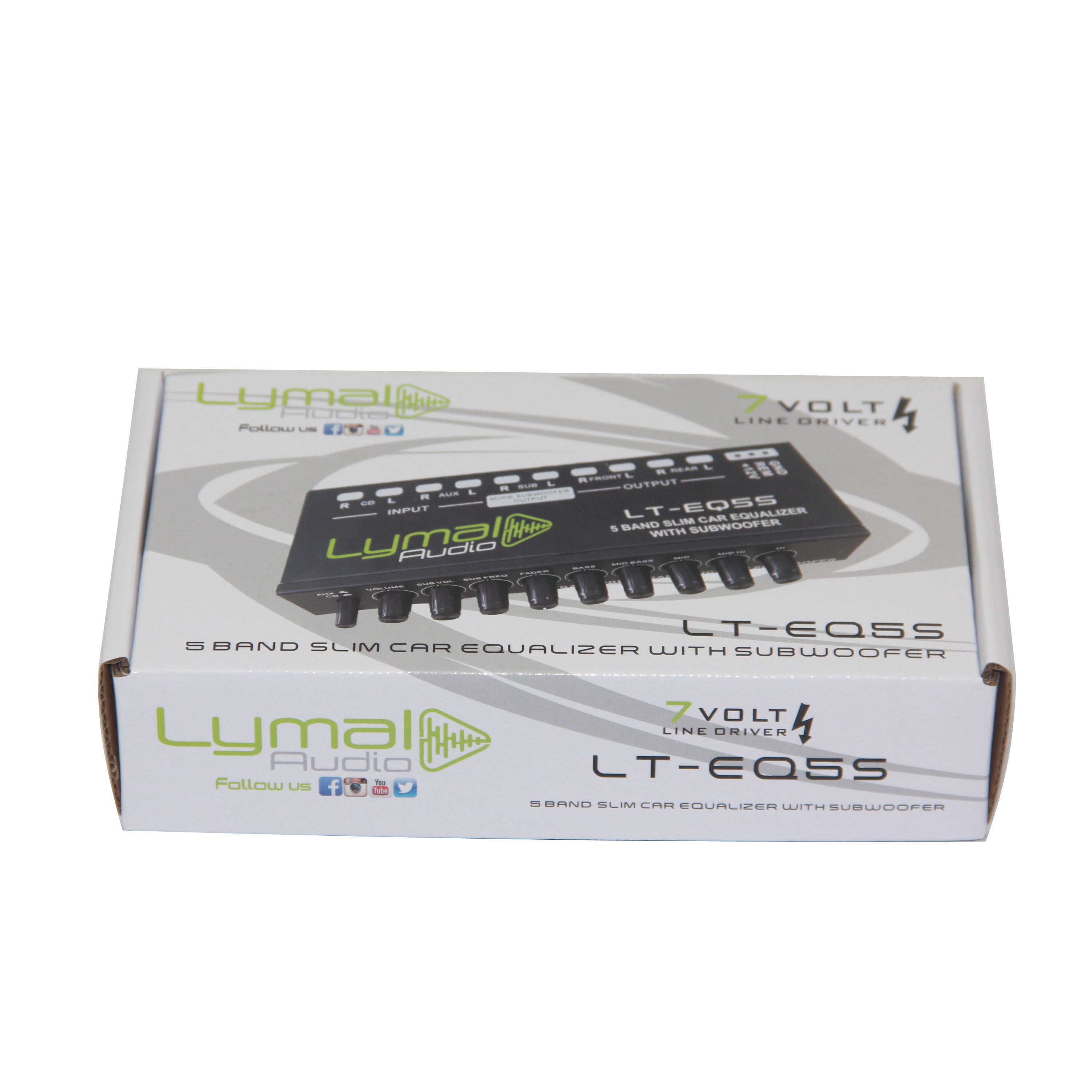 Lymal Audio LT-EQ5S 5 Band 9 Volt Car Audio Graphic Equalizer with sleek design and adjustable controls.