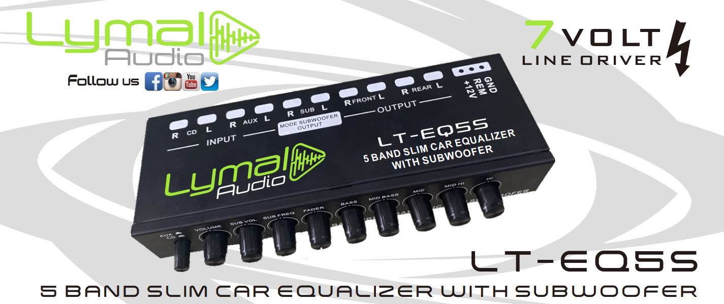 Lymal Audio LT-EQ5S 5 Band 9 Volt Car Audio Graphic Equalizer with sleek design and adjustable controls.