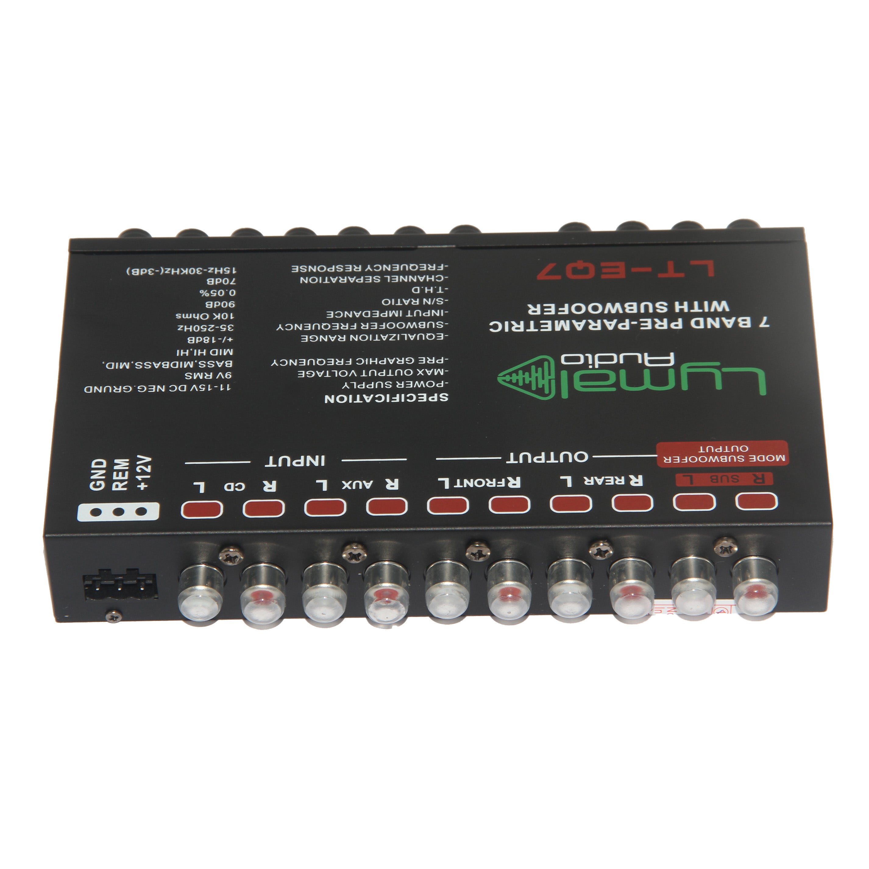 LT-EQ7 7 Band 9 Volt Car Audio Graphic Equalizer with gold plated RCA connectors and adjustable frequency bands.