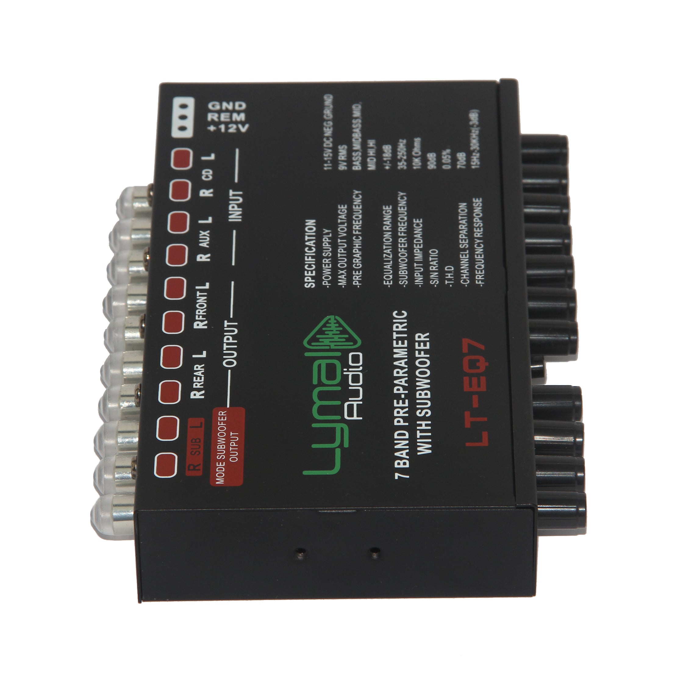 LT-EQ7 7 Band 9 Volt Car Audio Graphic Equalizer with gold plated RCA connectors and adjustable frequency bands.