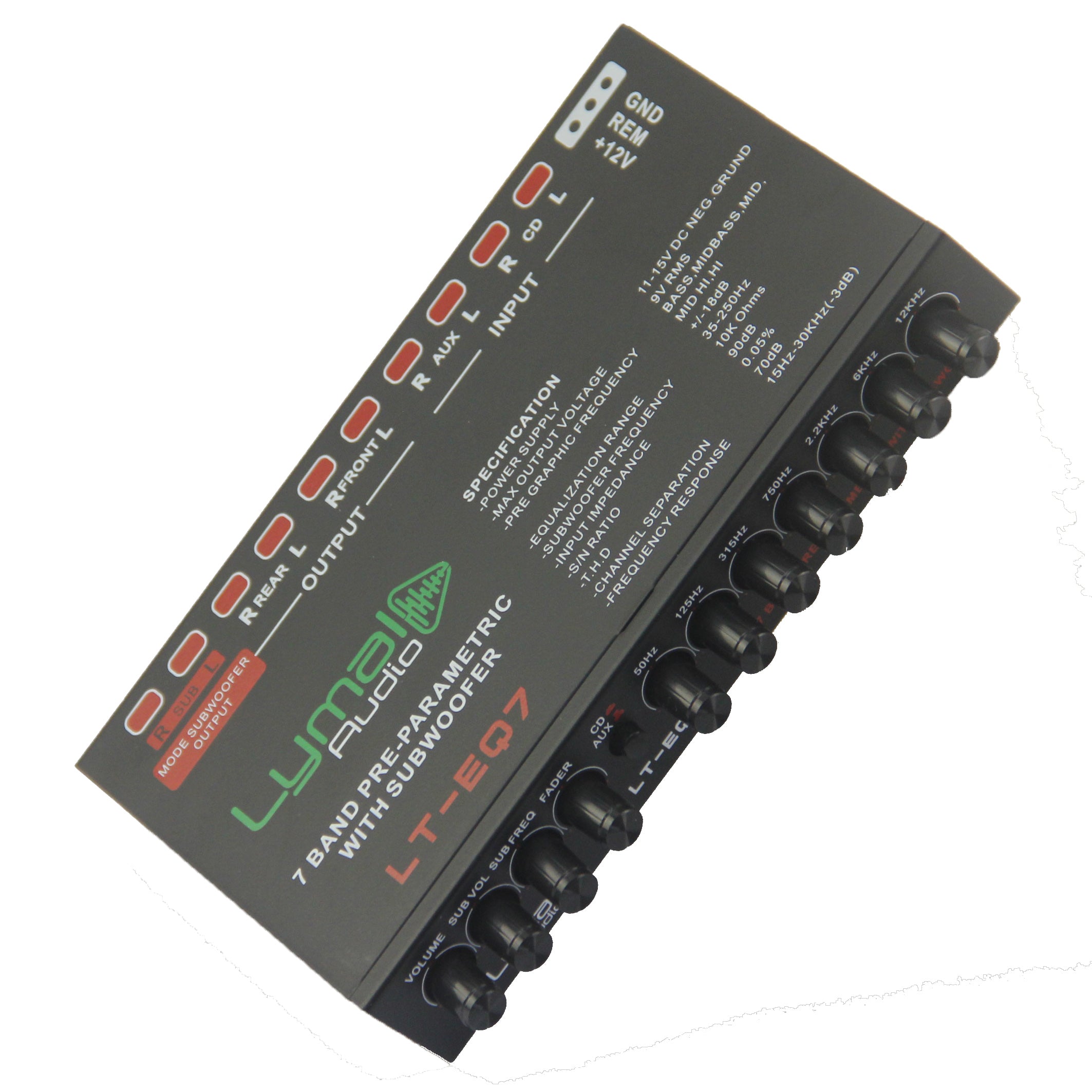 LT-EQ7 7 Band 9 Volt Car Audio Graphic Equalizer with gold plated RCA connectors and adjustable frequency bands.