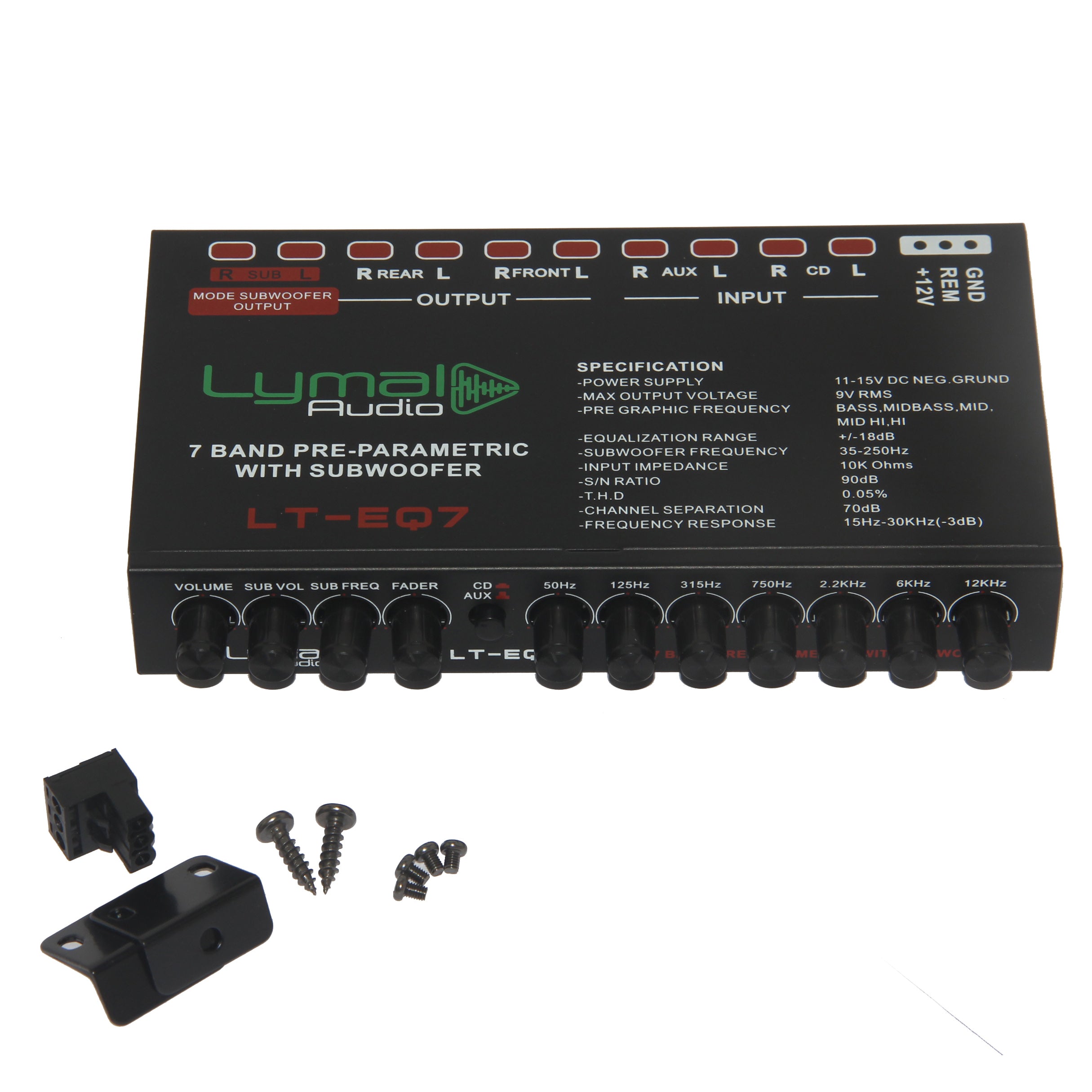 LT-EQ7 7 Band 9 Volt Car Audio Graphic Equalizer with gold plated RCA connectors and adjustable frequency bands.
