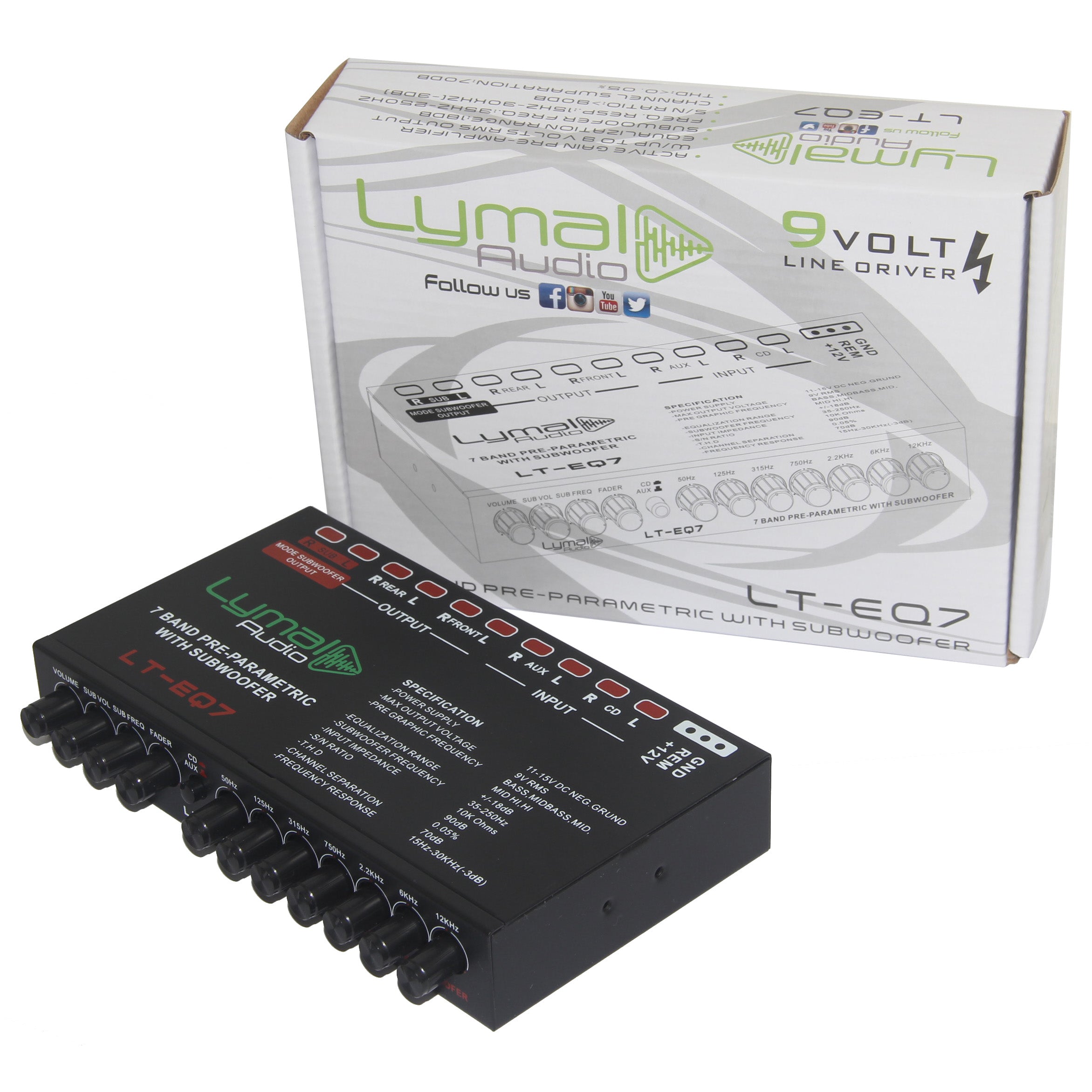 LT-EQ7 7 Band 9 Volt Car Audio Graphic Equalizer with gold plated RCA connectors and adjustable frequency bands.