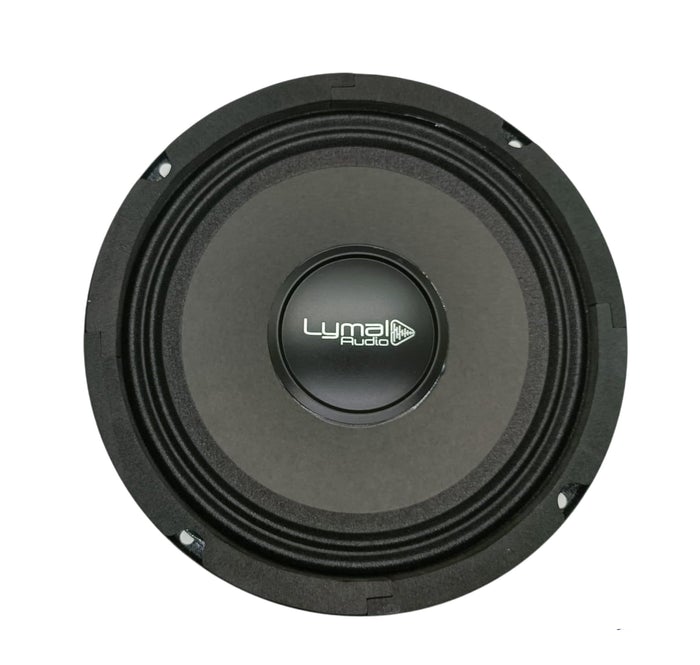 Lymal Audio LT-SLM8F 8 inch shallow midrange loudspeaker with steel basket and paper cone.