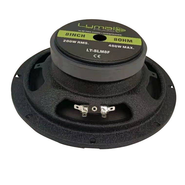 Lymal Audio LT-SLM8F 8 inch shallow midrange loudspeaker with steel basket and paper cone.