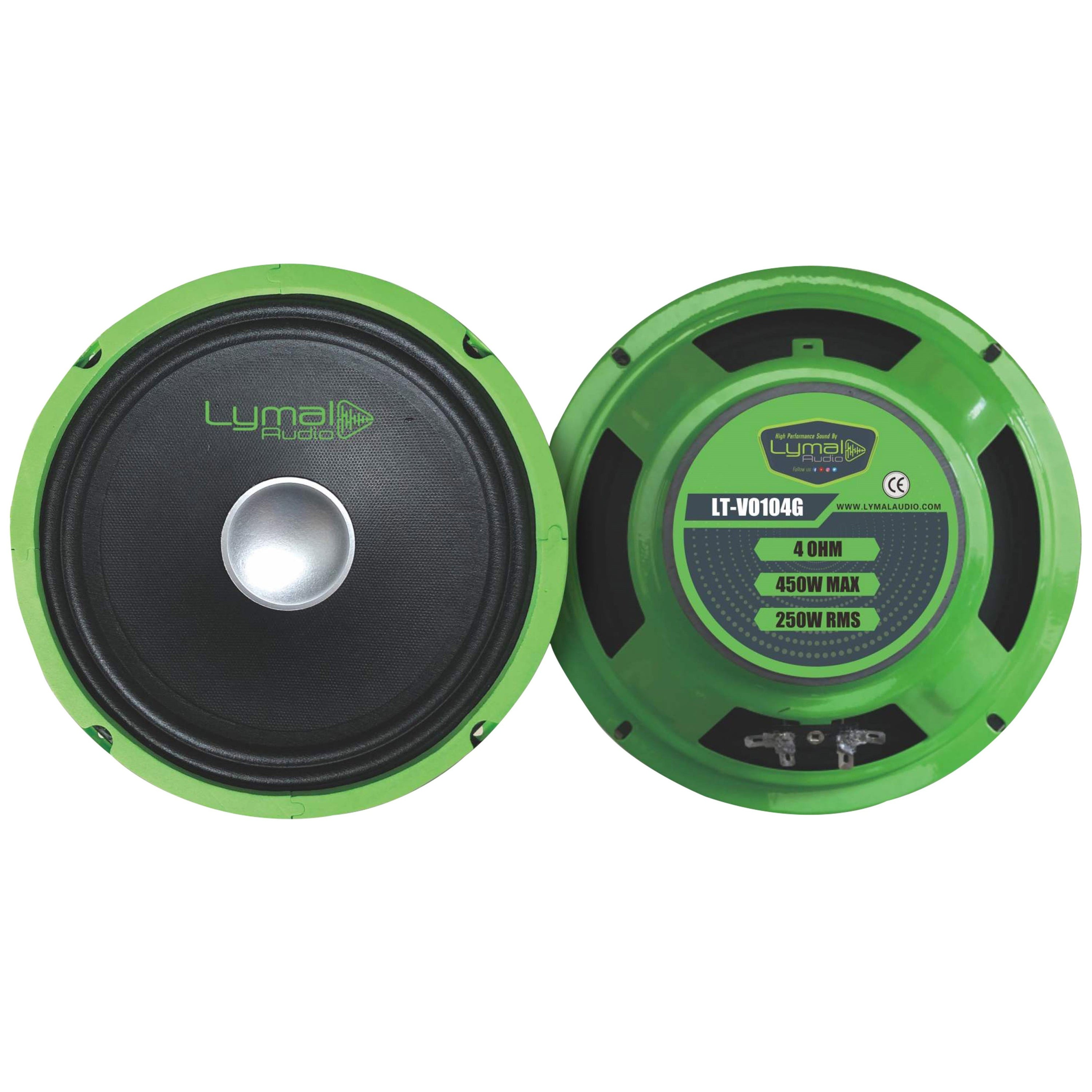 Lymal Audio LT-VO104G 10-inch midrange speaker with black paper woofer cone and ferrite magnet, showcasing its robust design and specifications.