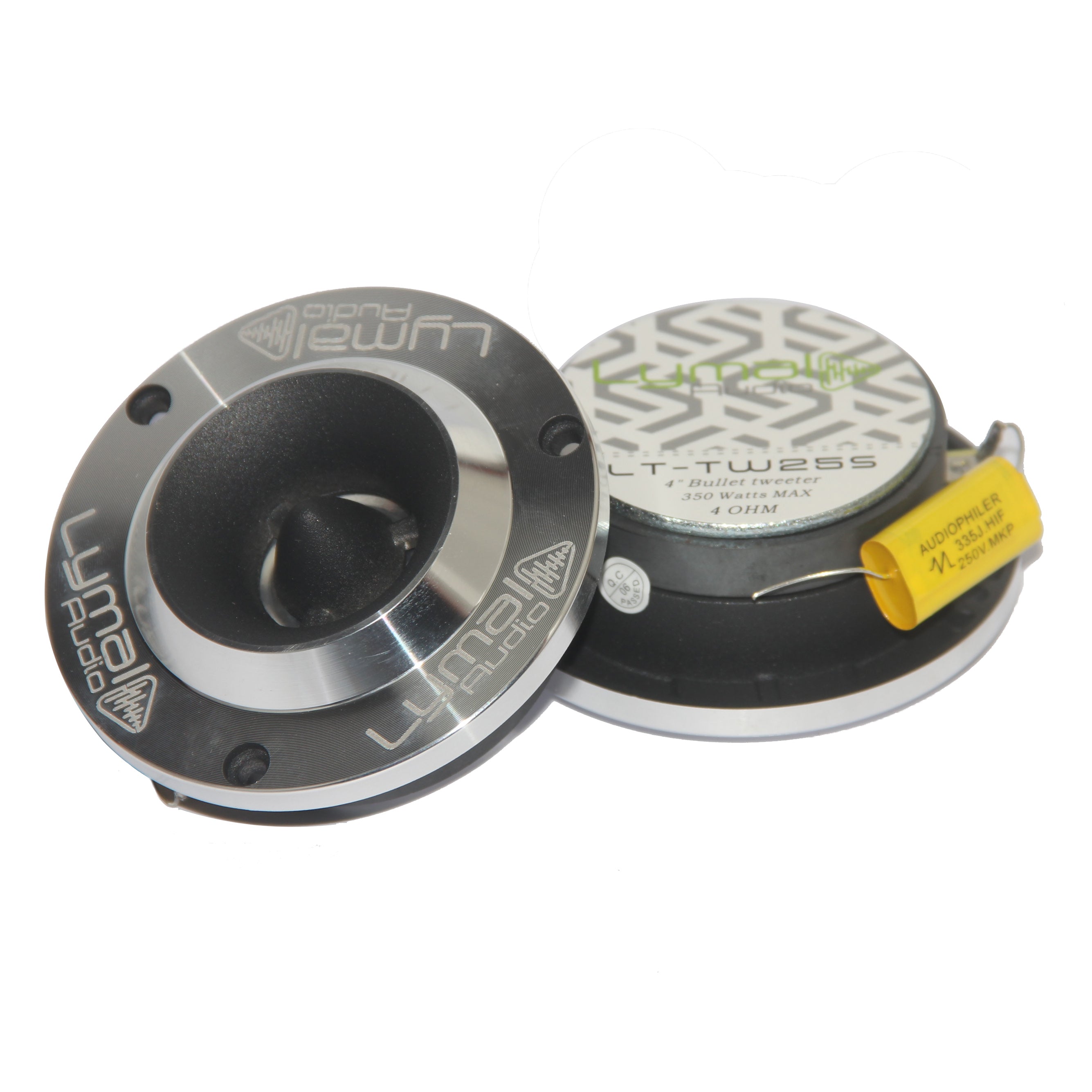 Lymal Audio LT-TW25S PRO Bullet 3.75″ Super Tweeters in silver, showcasing their sleek design and compact size.