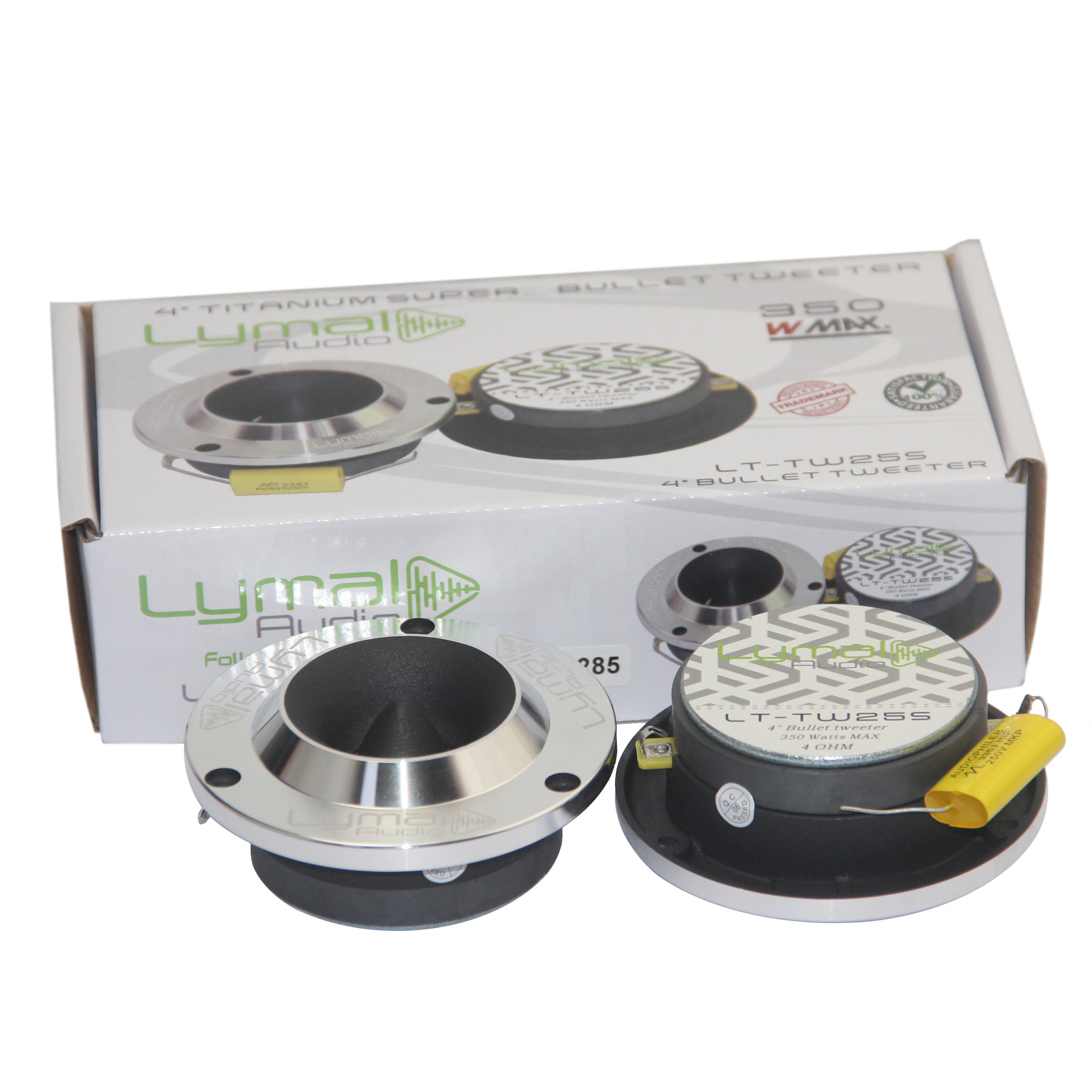 Lymal Audio LT-TW25S PRO Bullet 3.75″ Super Tweeters in silver, showcasing their sleek design and compact size.