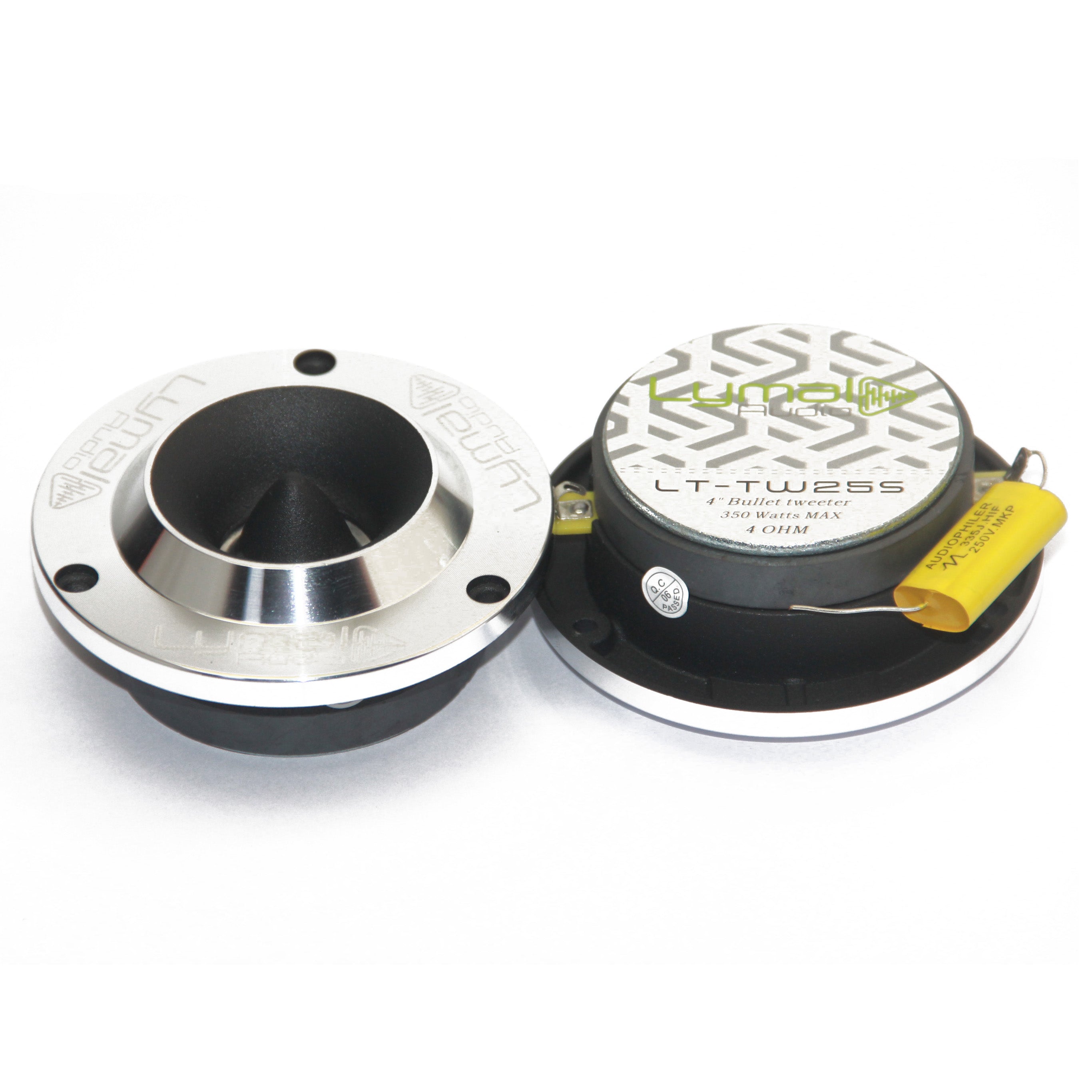Lymal Audio LT-TW25S PRO Bullet 3.75″ Super Tweeters in silver, showcasing their sleek design and compact size.