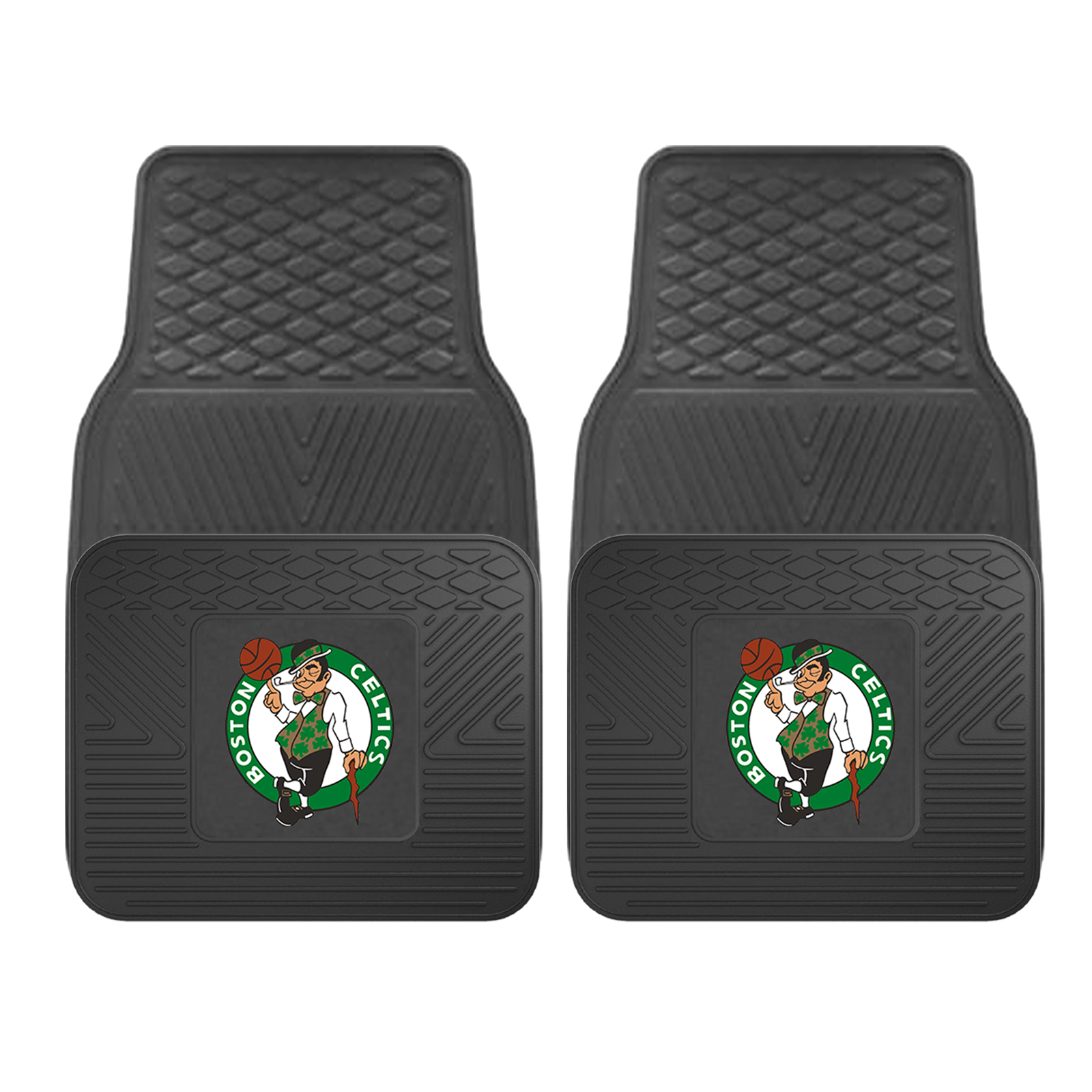 NBA 2-PC Vinyl Car Mat Set featuring vibrant team logos and heavy-duty construction, designed to protect vehicle flooring.