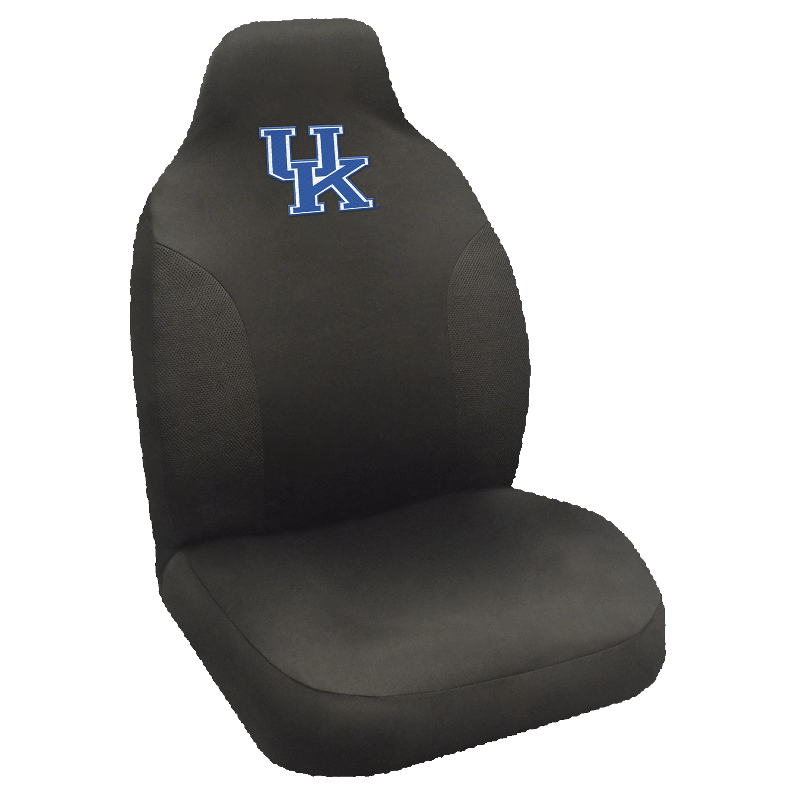 NCAA Embroidered Car Seat Cover featuring a vibrant team logo, made of soft black polyester with breathable mesh side panels for comfort and style.