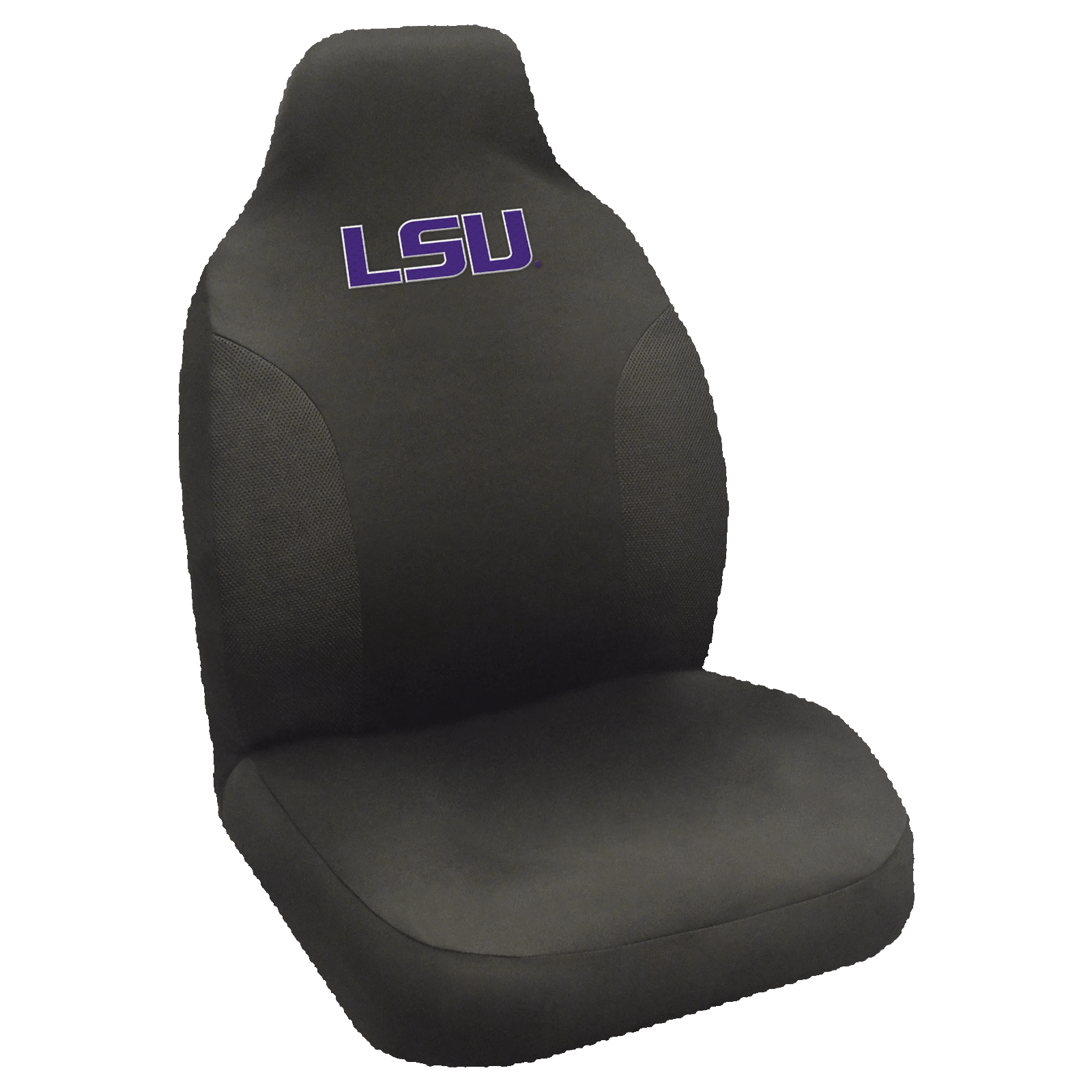 NCAA Embroidered Car Seat Cover featuring a vibrant team logo, made of soft black polyester with breathable mesh side panels for comfort and style.