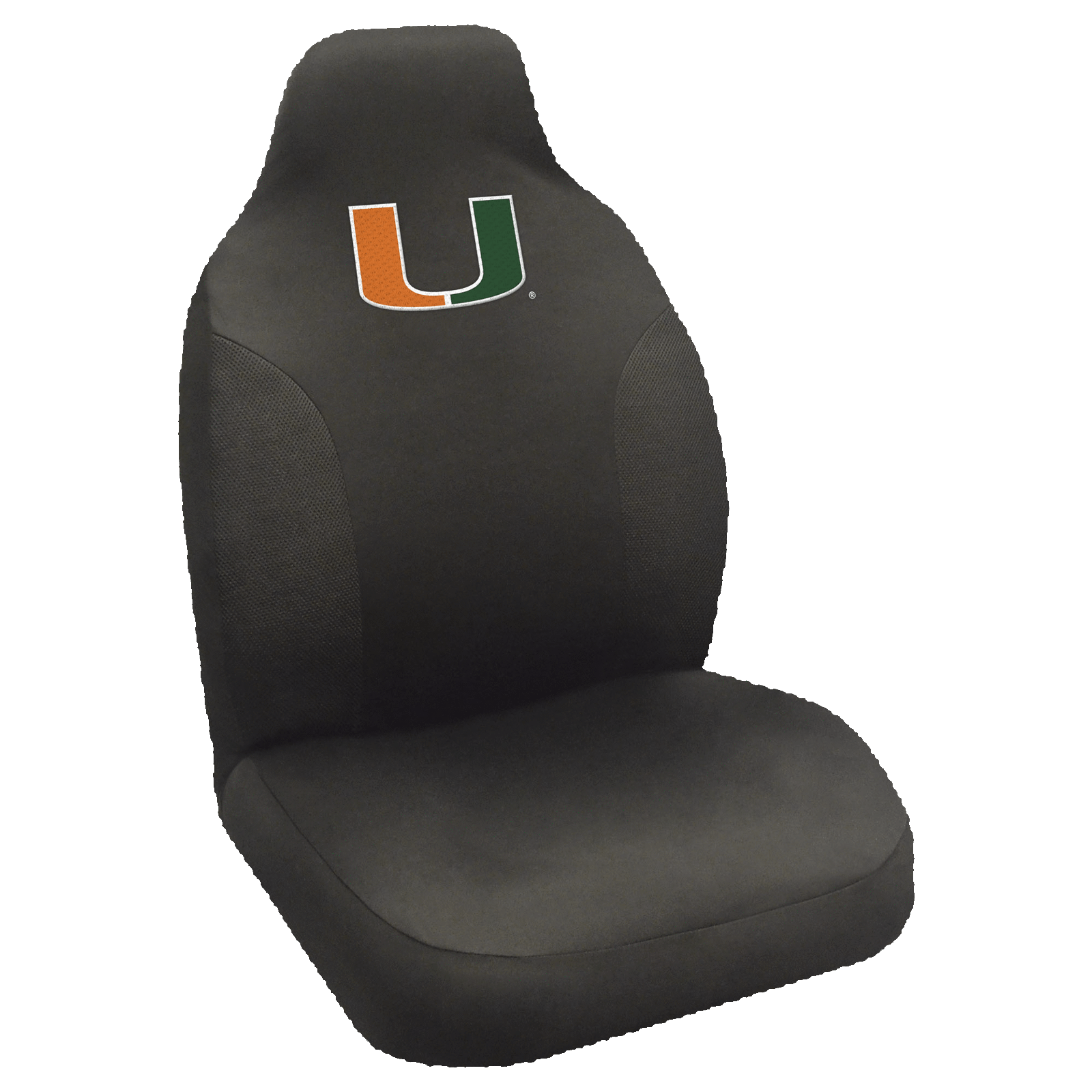 NCAA Embroidered Car Seat Cover featuring a vibrant team logo, made of soft black polyester with breathable mesh side panels for comfort and style.