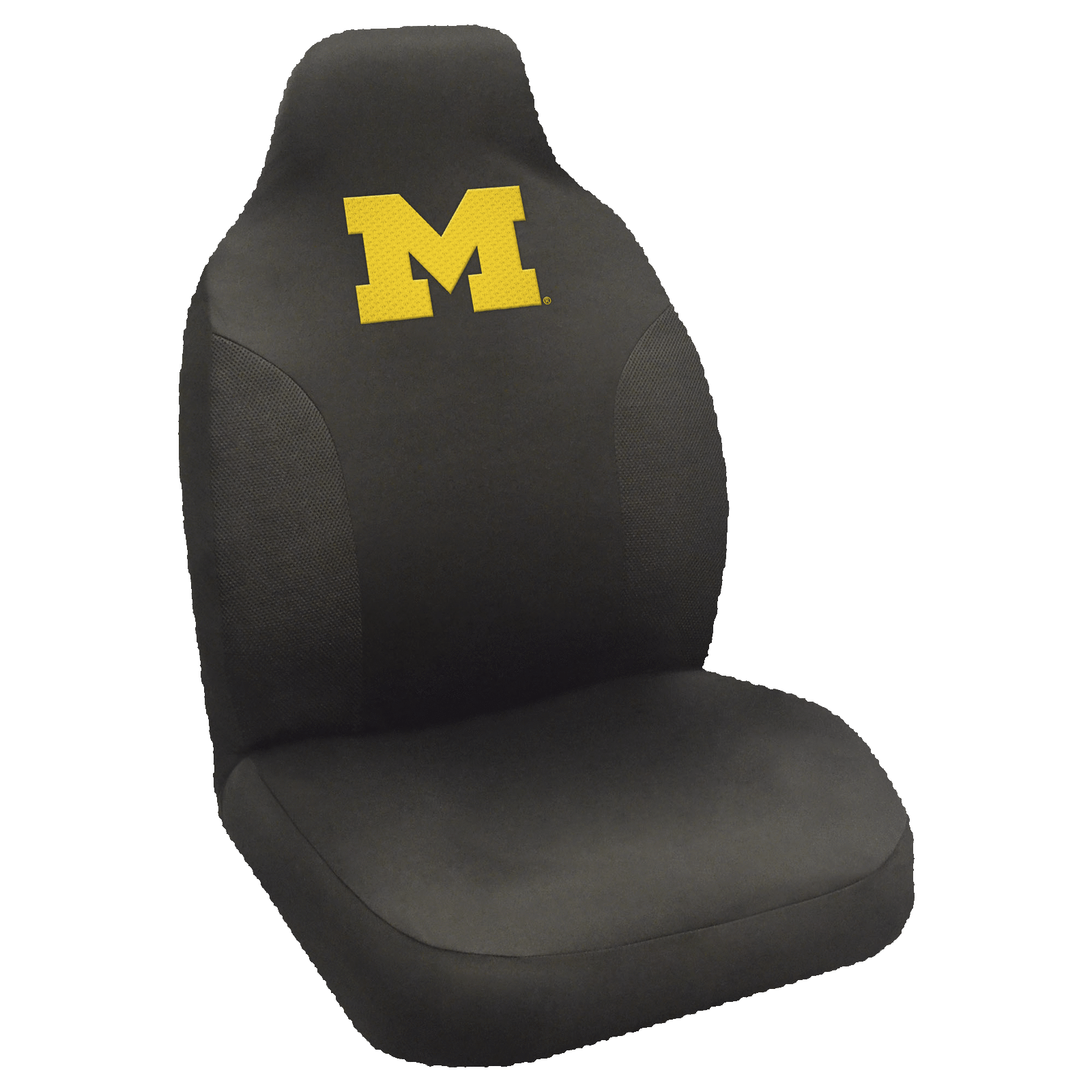 NCAA Embroidered Car Seat Cover featuring a vibrant team logo, made of soft black polyester with breathable mesh side panels for comfort and style.