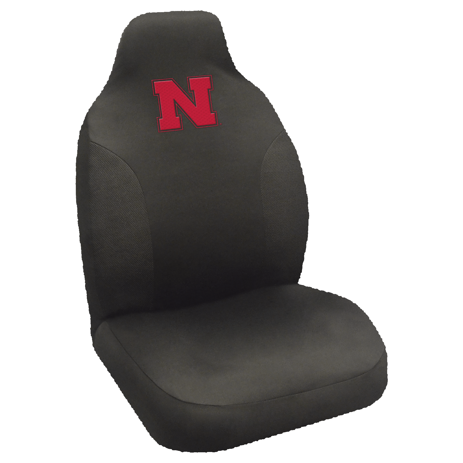 NCAA Embroidered Car Seat Cover featuring a vibrant team logo, made of soft black polyester with breathable mesh side panels for comfort and style.