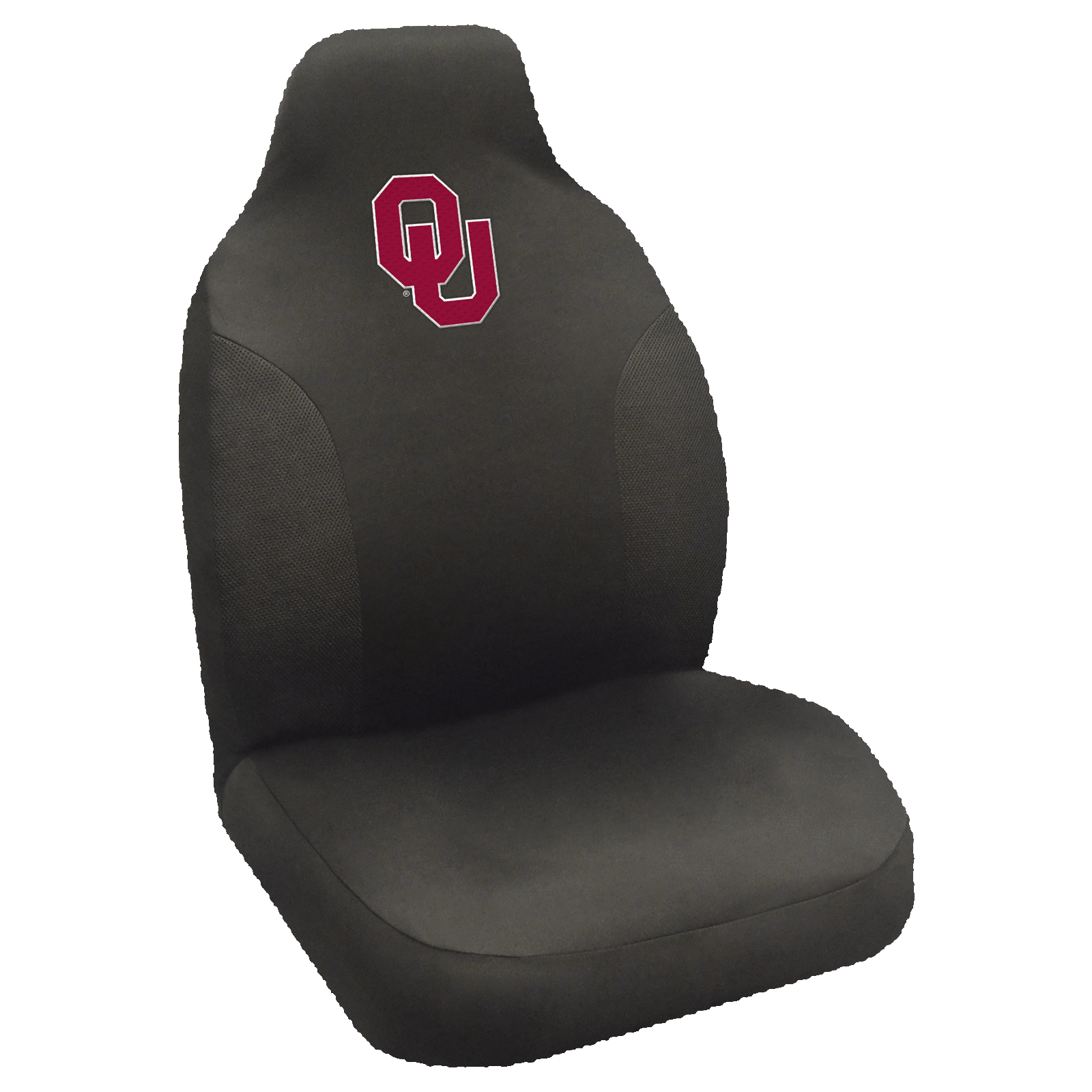 NCAA Embroidered Car Seat Cover featuring a vibrant team logo, made of soft black polyester with breathable mesh side panels for comfort and style.
