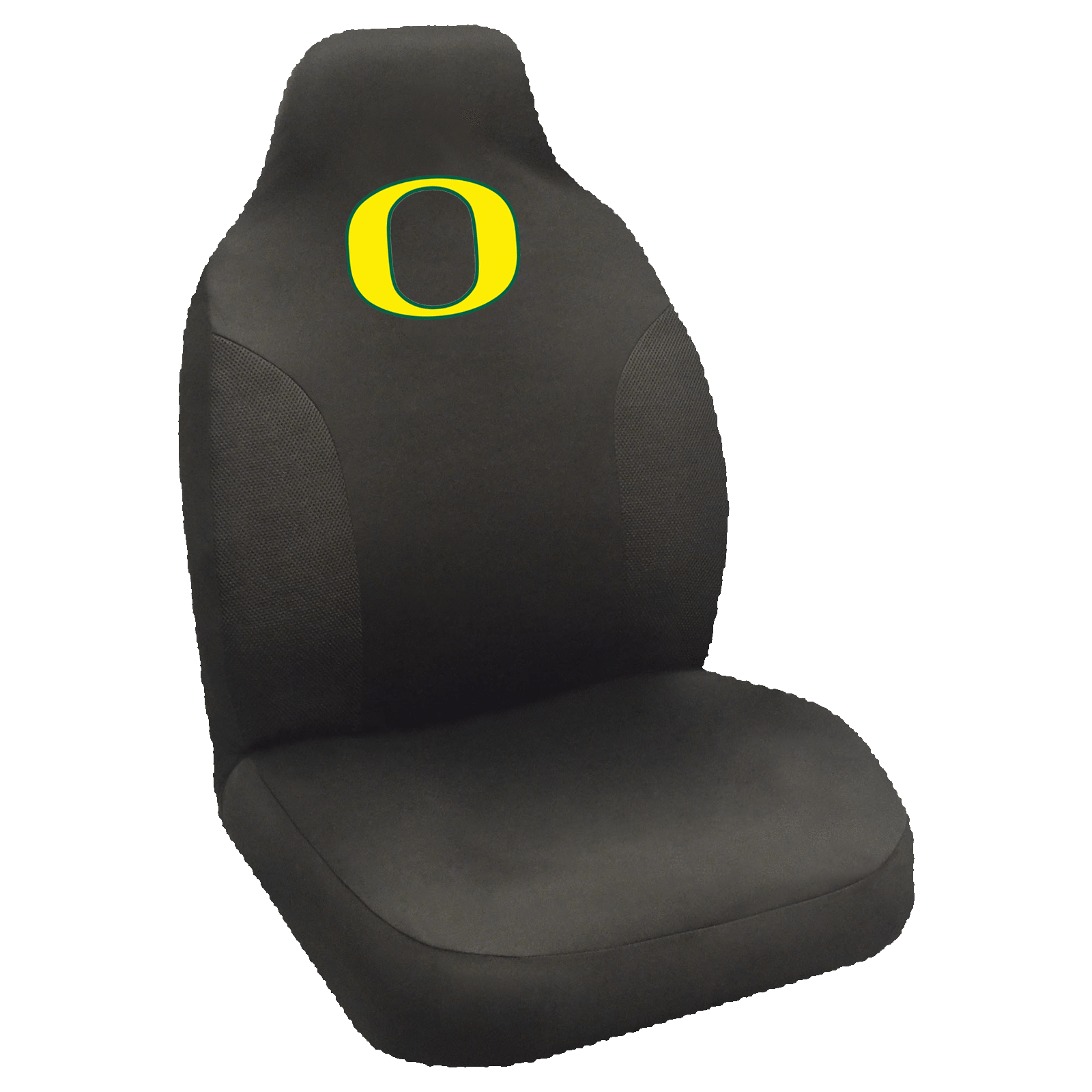 NCAA Embroidered Car Seat Cover featuring a vibrant team logo, made of soft black polyester with breathable mesh side panels for comfort and style.