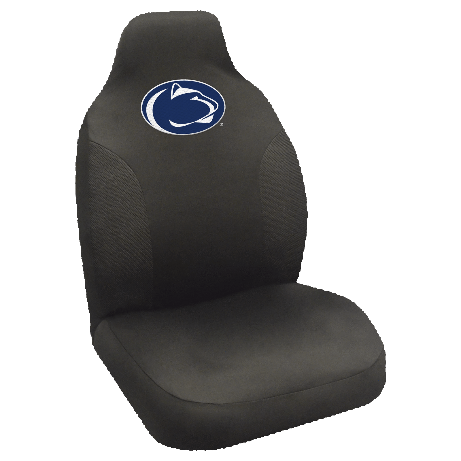 NCAA Embroidered Car Seat Cover featuring a vibrant team logo, made of soft black polyester with breathable mesh side panels for comfort and style.