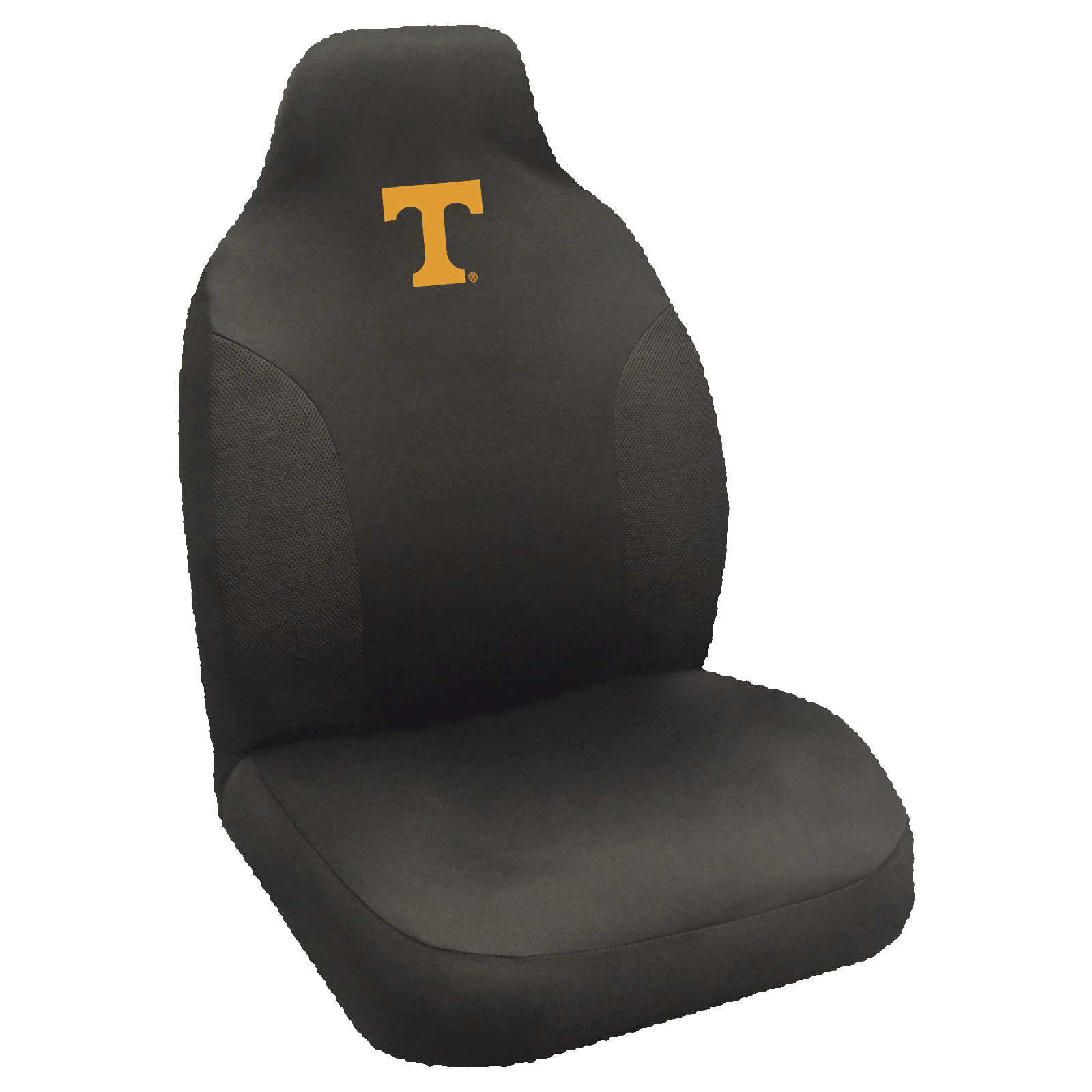 NCAA Embroidered Car Seat Cover featuring a vibrant team logo, made of soft black polyester with breathable mesh side panels for comfort and style.