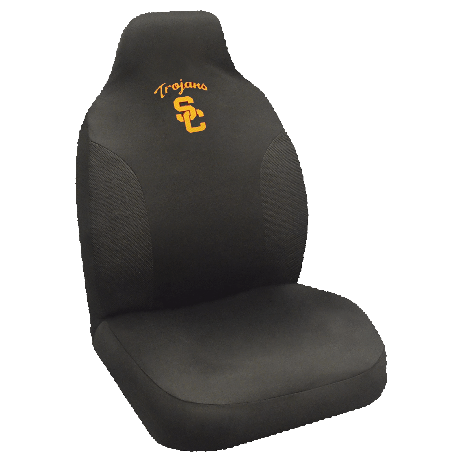 NCAA Embroidered Car Seat Cover featuring a vibrant team logo, made of soft black polyester with breathable mesh side panels for comfort and style.