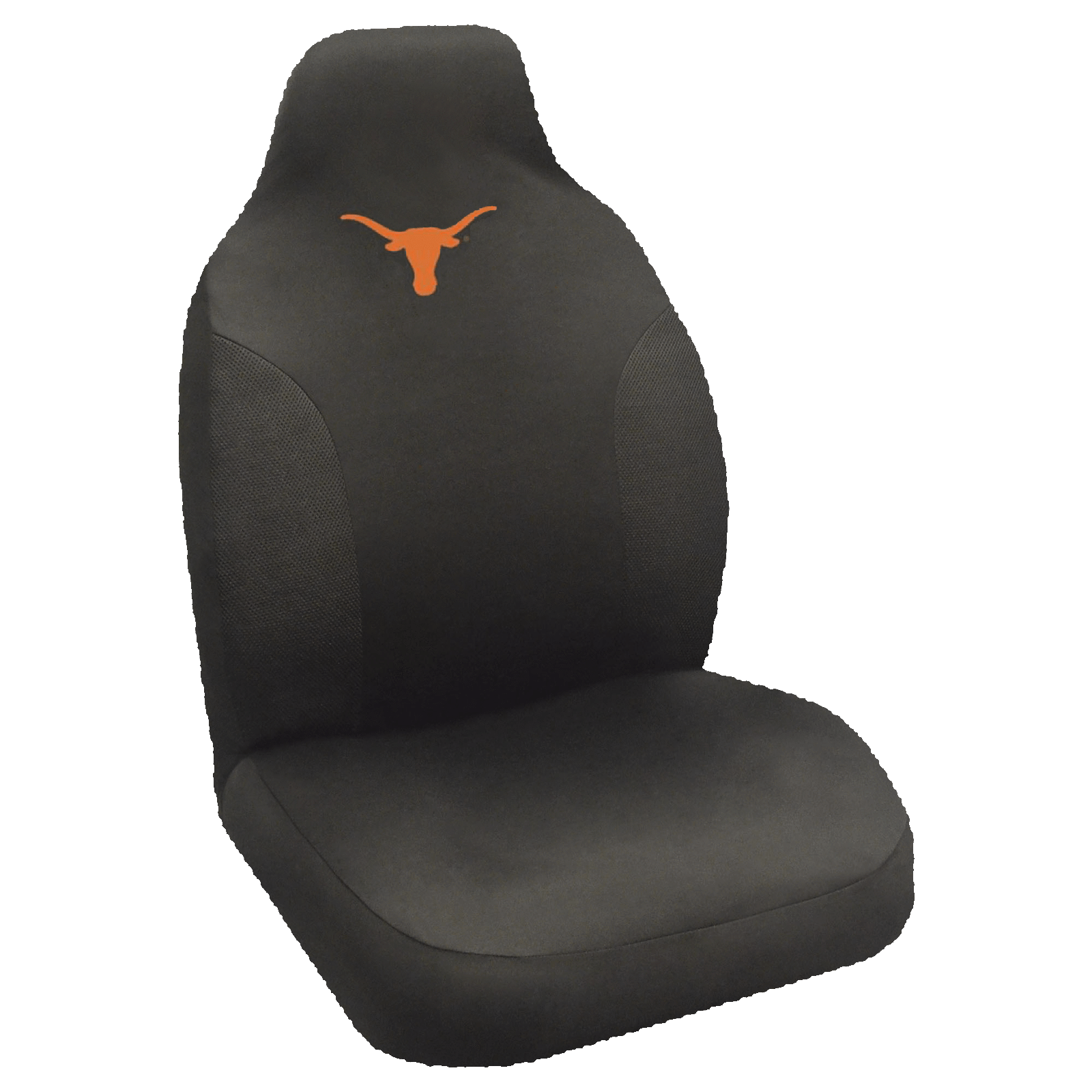 NCAA Embroidered Car Seat Cover featuring a vibrant team logo, made of soft black polyester with breathable mesh side panels for comfort and style.