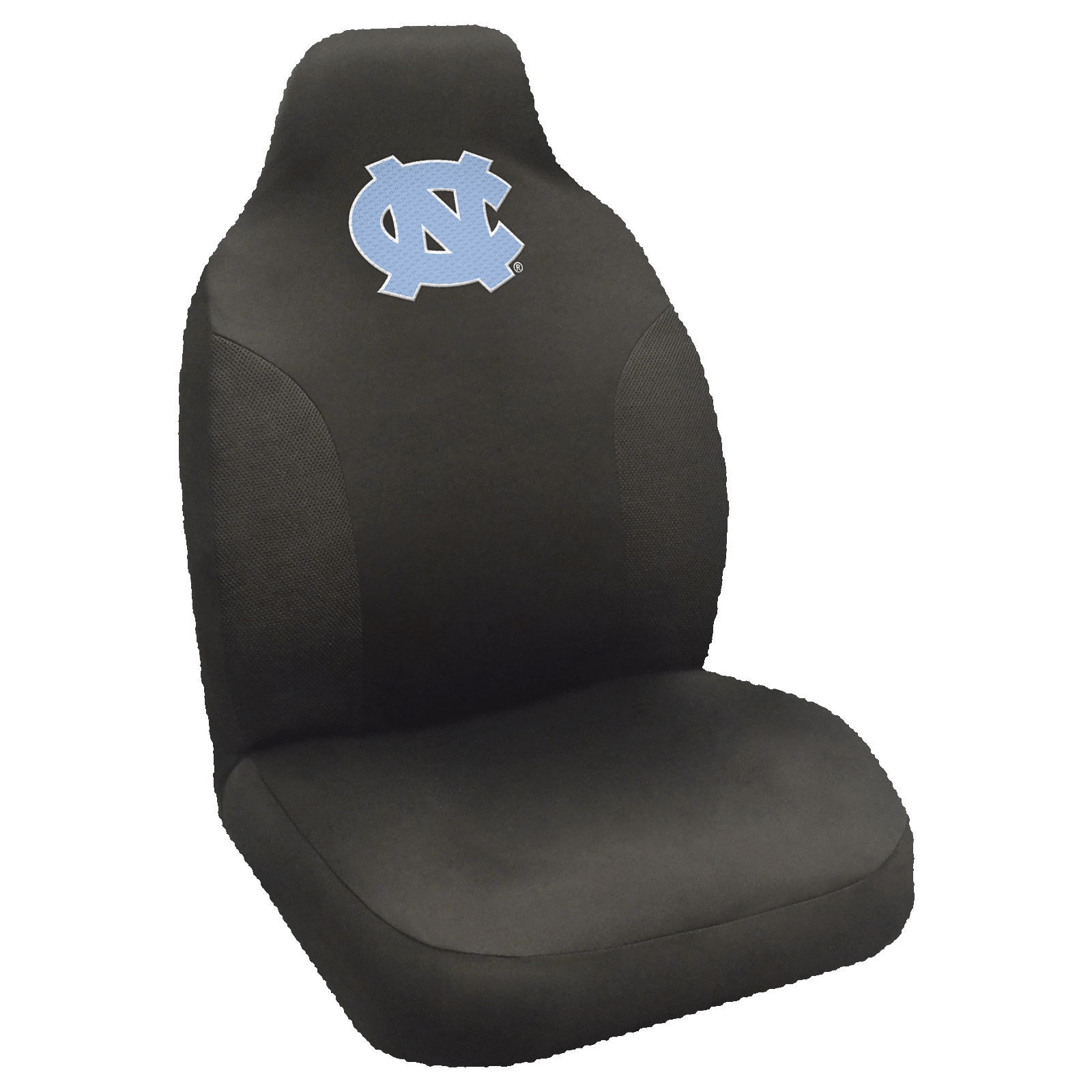 NCAA Embroidered Car Seat Cover featuring a vibrant team logo, made of soft black polyester with breathable mesh side panels for comfort and style.