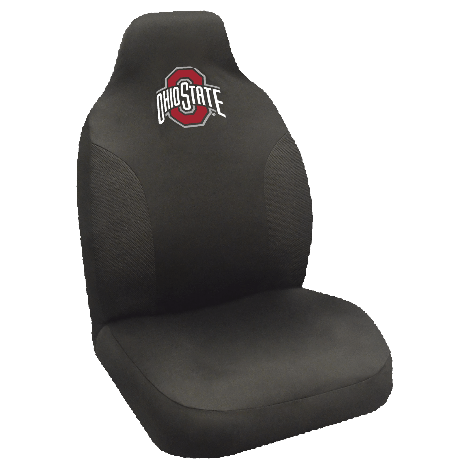 NCAA Embroidered Car Seat Cover featuring a vibrant team logo, made of soft black polyester with breathable mesh side panels for comfort and style.