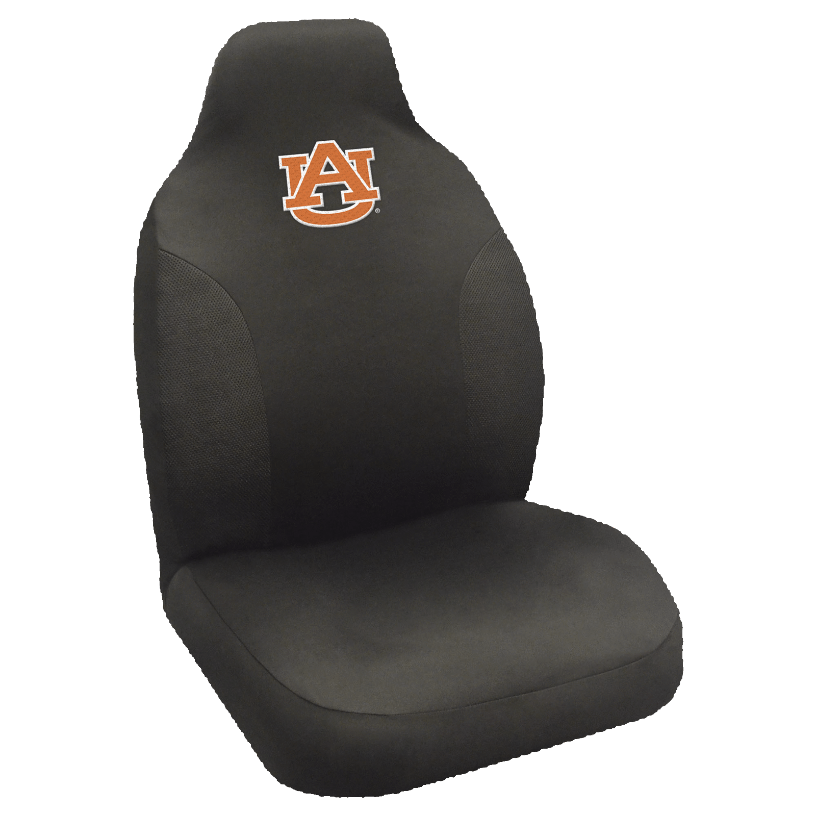 NCAA Embroidered Car Seat Cover featuring a vibrant team logo, made of soft black polyester with breathable mesh side panels for comfort and style.