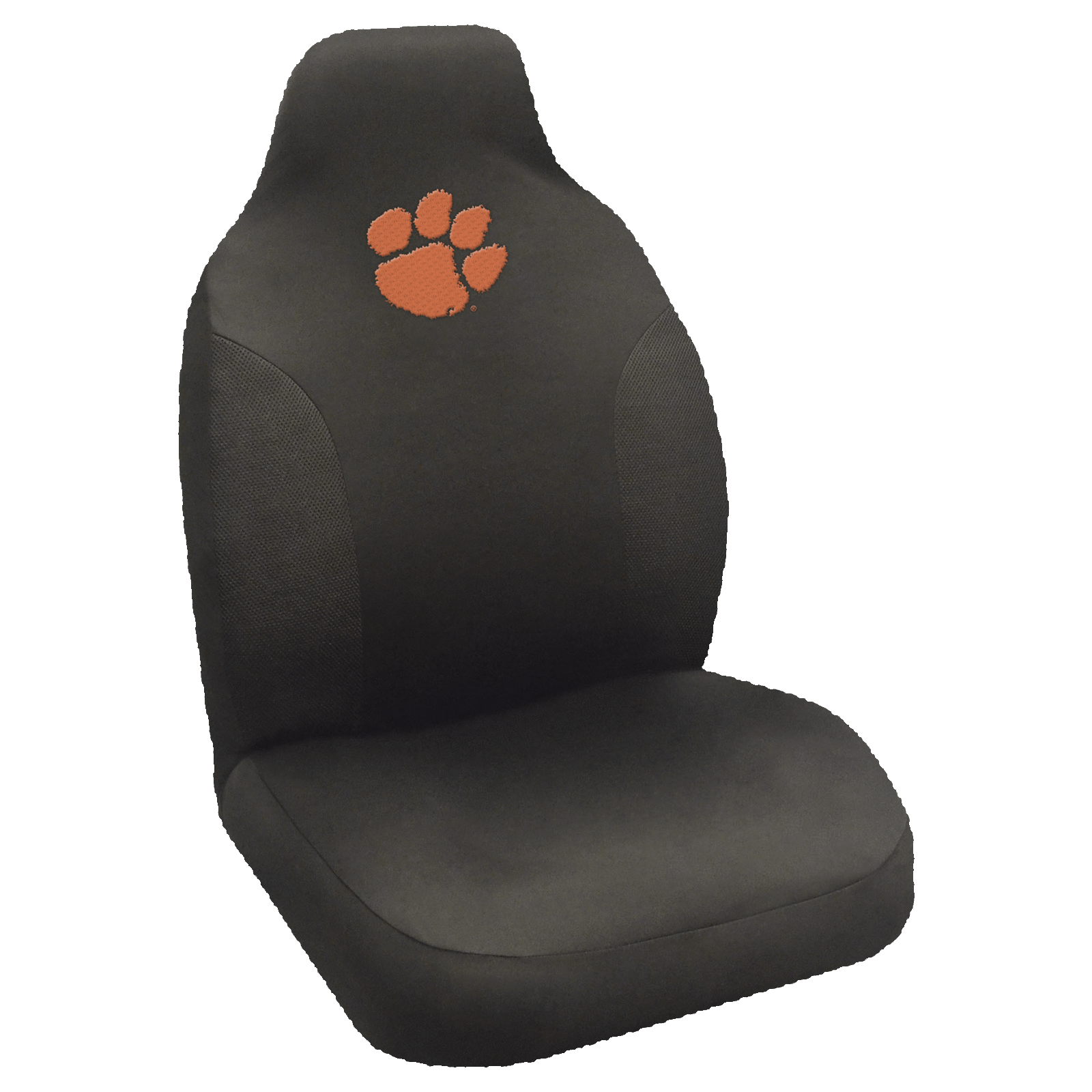 NCAA Embroidered Car Seat Cover featuring a vibrant team logo, made of soft black polyester with breathable mesh side panels for comfort and style.