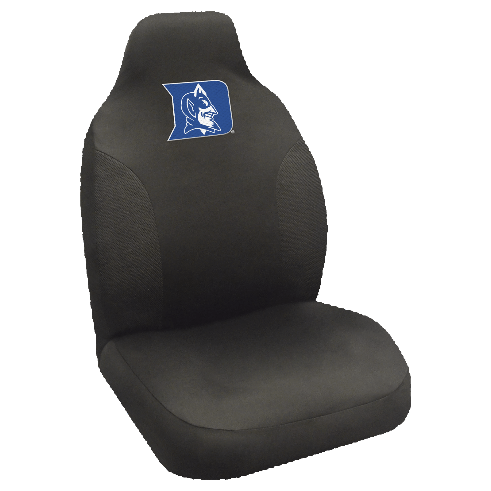 NCAA Embroidered Car Seat Cover featuring a vibrant team logo, made of soft black polyester with breathable mesh side panels for comfort and style.