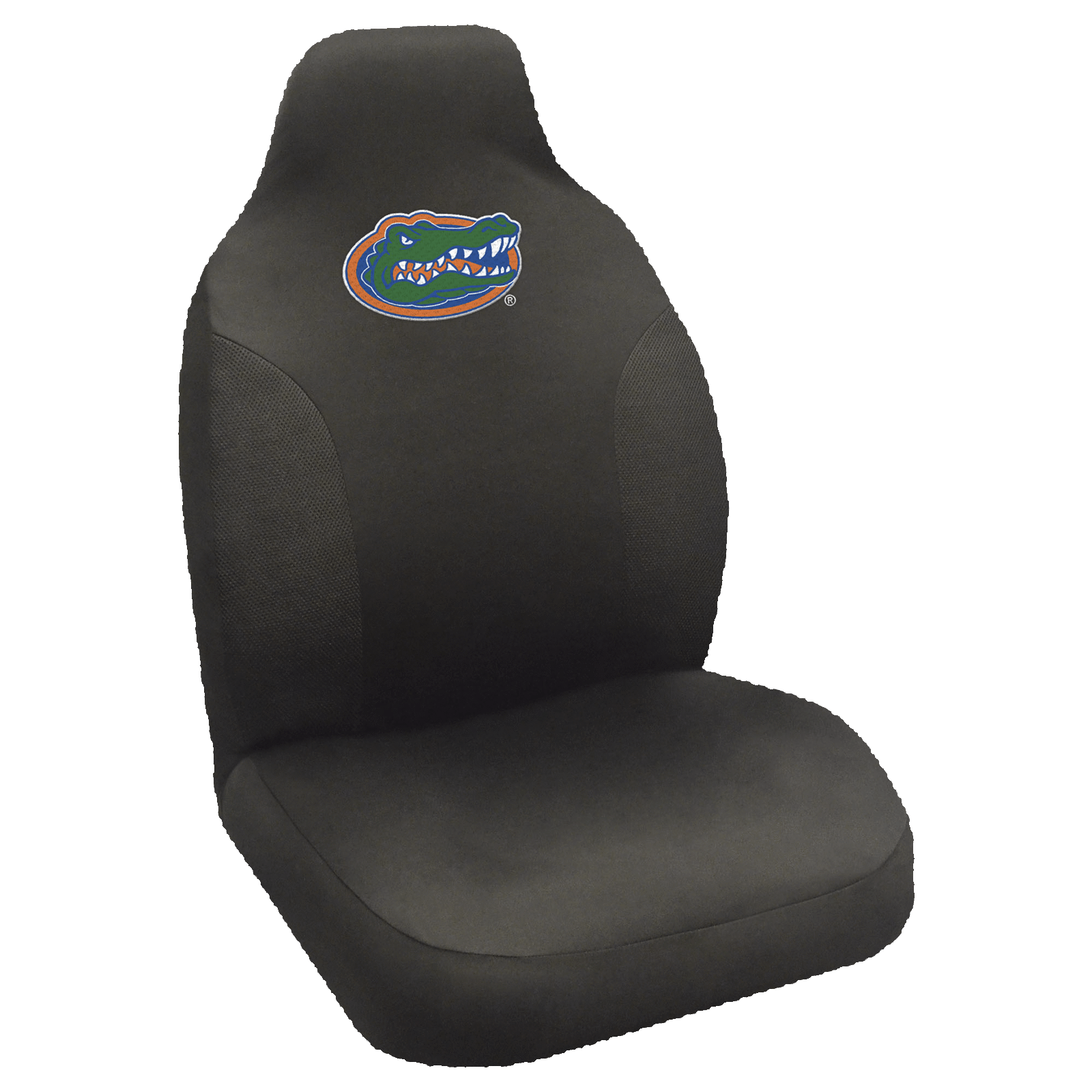 NCAA Embroidered Car Seat Cover featuring a vibrant team logo, made of soft black polyester with breathable mesh side panels for comfort and style.