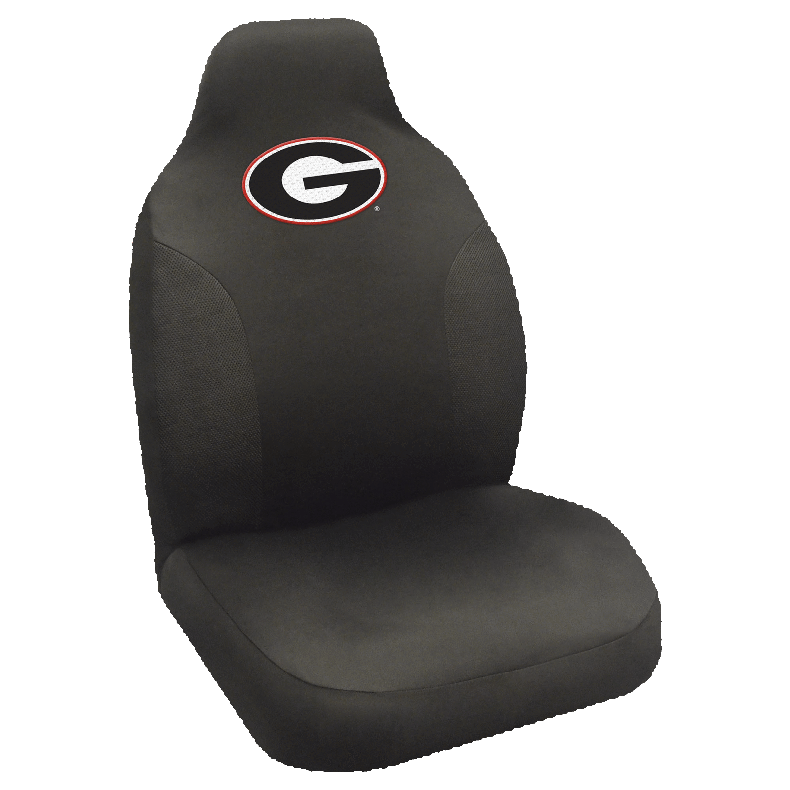 NCAA Embroidered Car Seat Cover featuring a vibrant team logo, made of soft black polyester with breathable mesh side panels for comfort and style.