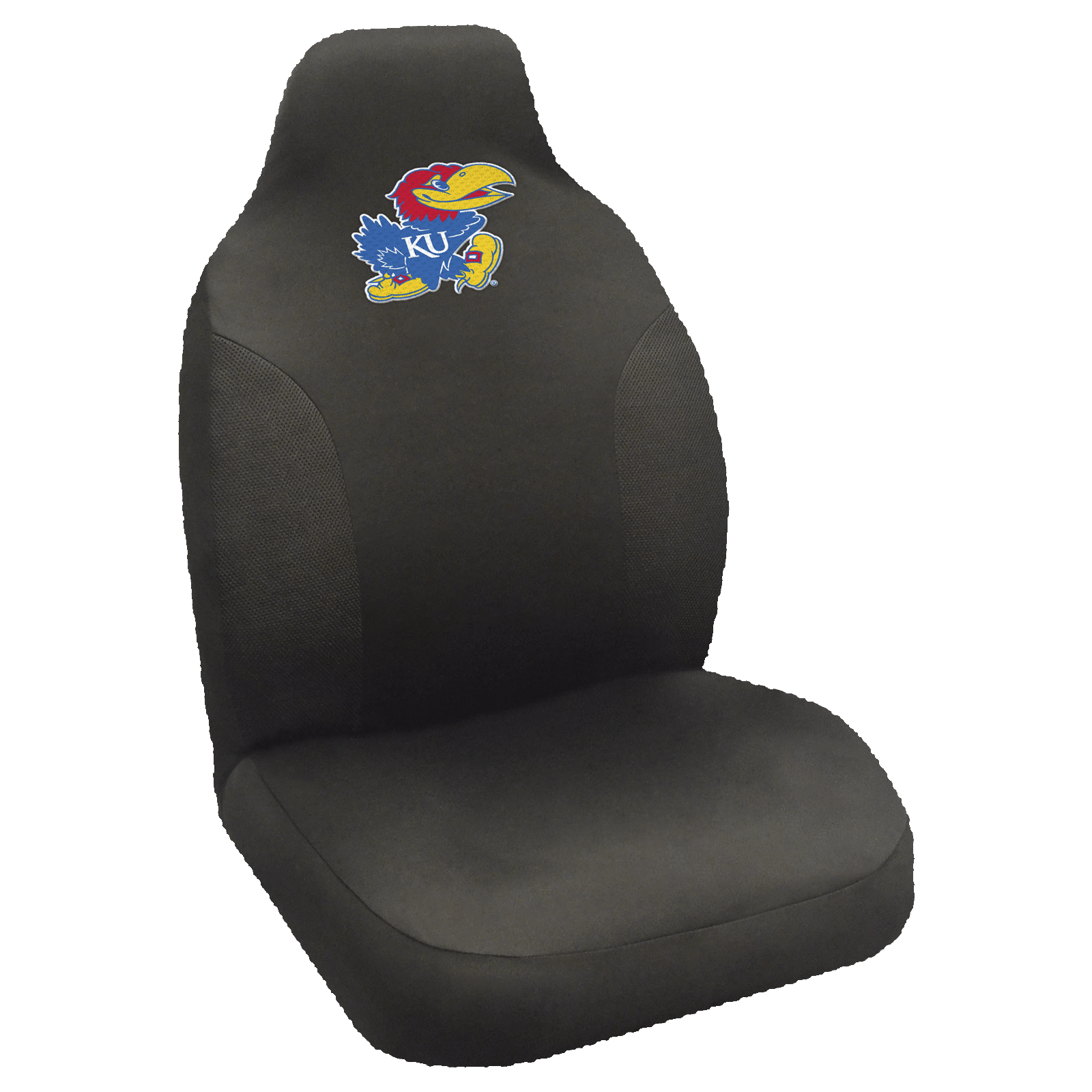 NCAA Embroidered Car Seat Cover featuring a vibrant team logo, made of soft black polyester with breathable mesh side panels for comfort and style.
