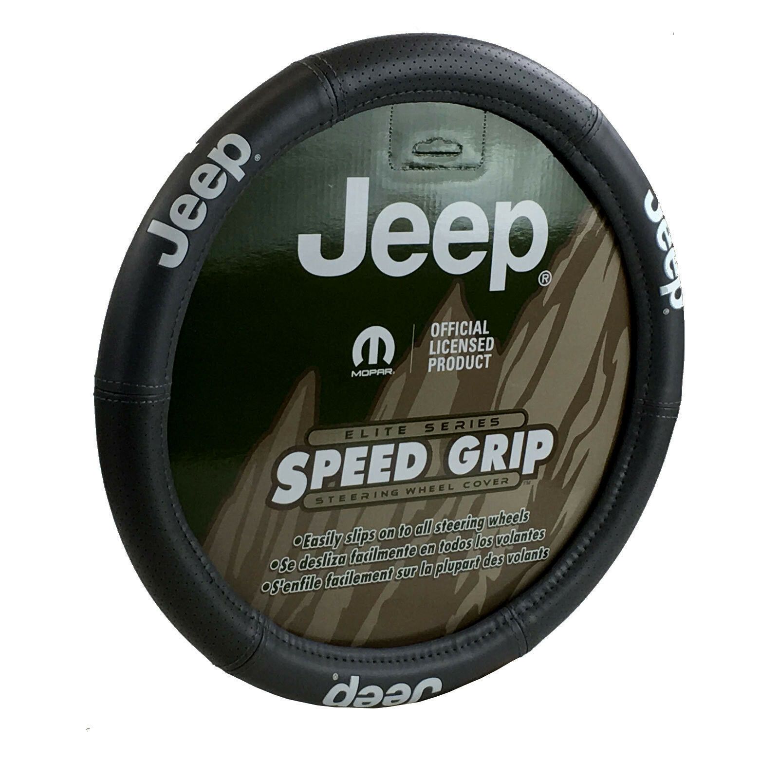 New Black JEEP Elite Series Synthetic Leather Steering Wheel Cover, showcasing its luxurious design and double-stitched seams for durability.