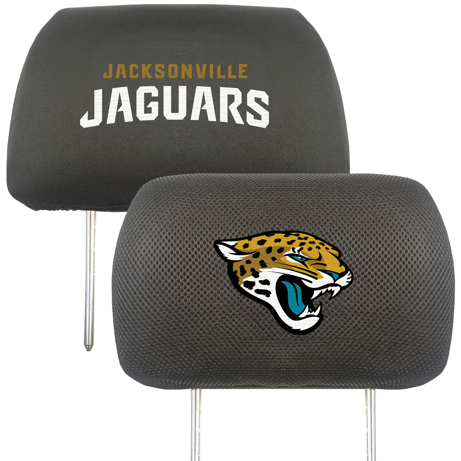 NFL 2-PC Car Headrest Cover Set featuring embroidered team logos and names, made from soft polyester and breathable mesh materials.
