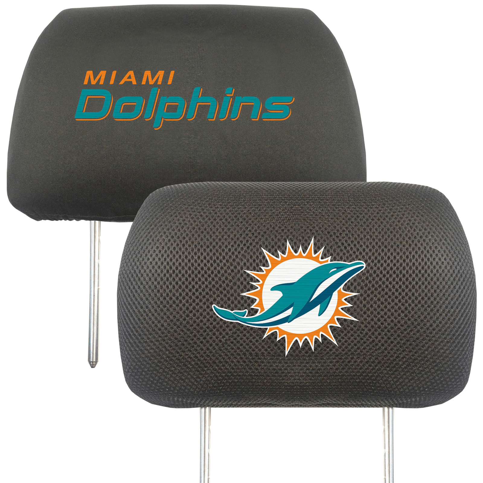 NFL 2-PC Car Headrest Cover Set featuring embroidered team logos and names, made from soft polyester and breathable mesh materials.