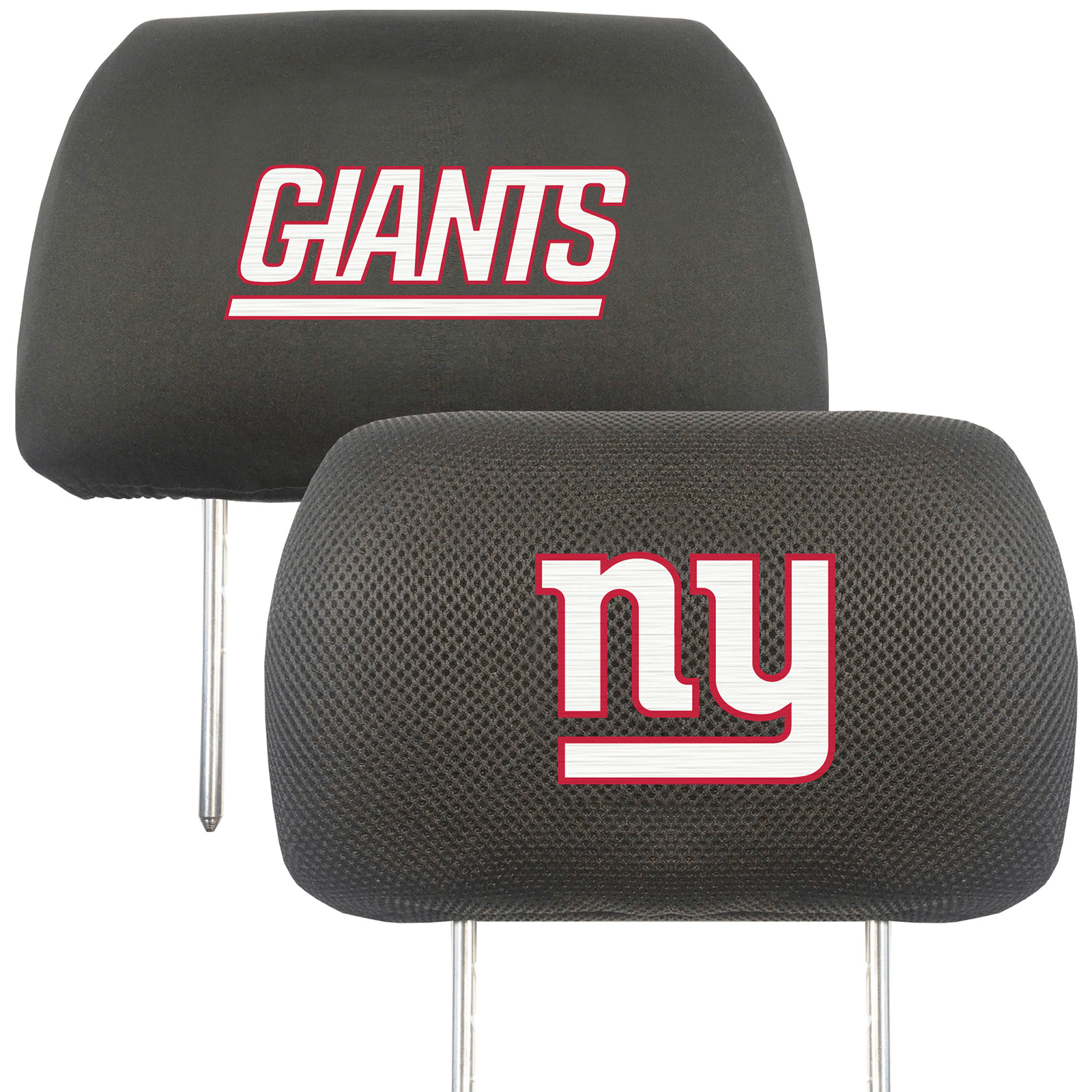 NFL 2-PC Car Headrest Cover Set featuring embroidered team logos and names, made from soft polyester and breathable mesh materials.