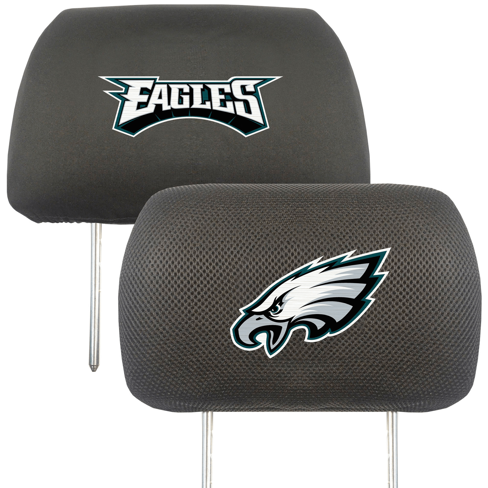 NFL 2-PC Car Headrest Cover Set featuring embroidered team logos and names, made from soft polyester and breathable mesh materials.
