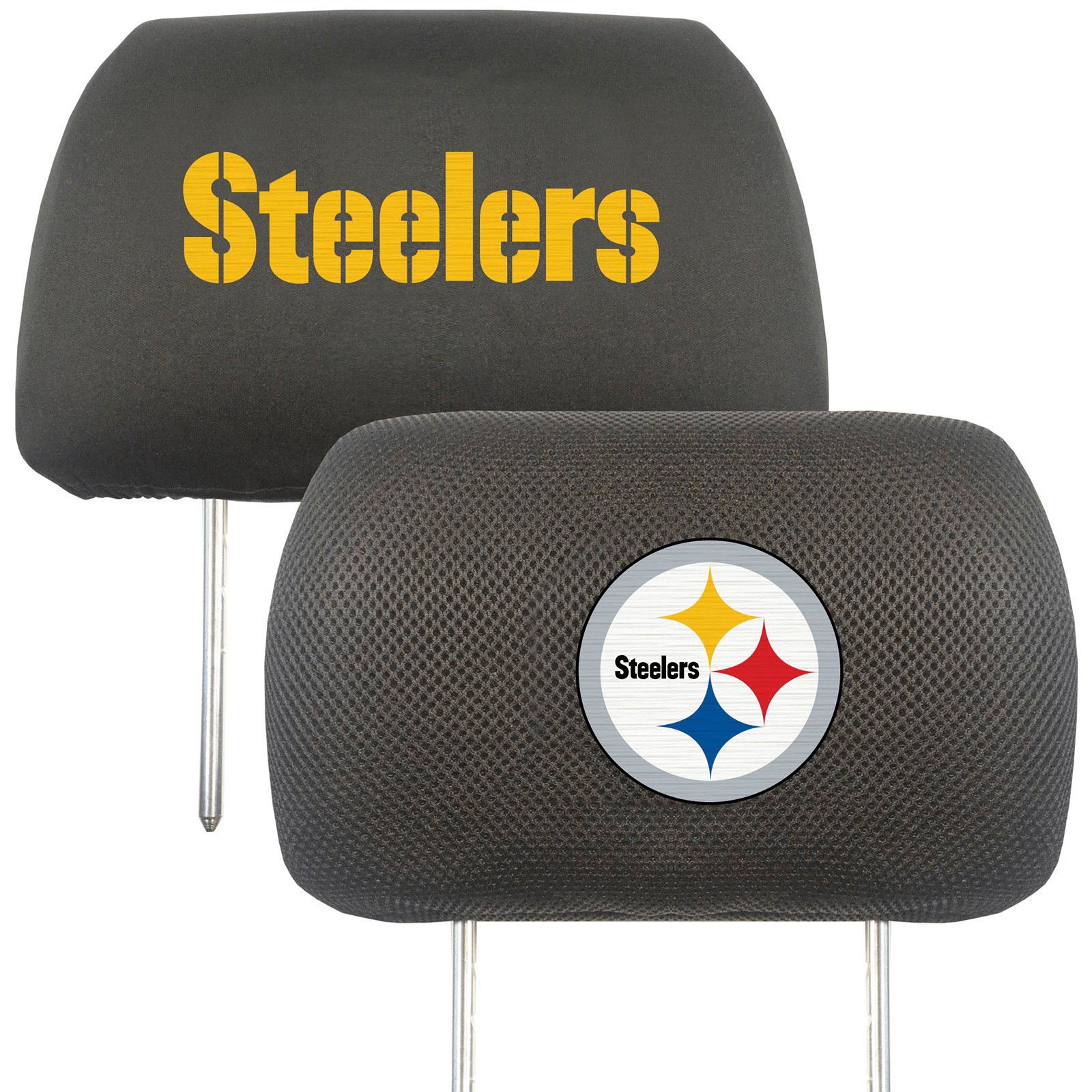 NFL 2-PC Car Headrest Cover Set featuring embroidered team logos and names, made from soft polyester and breathable mesh materials.