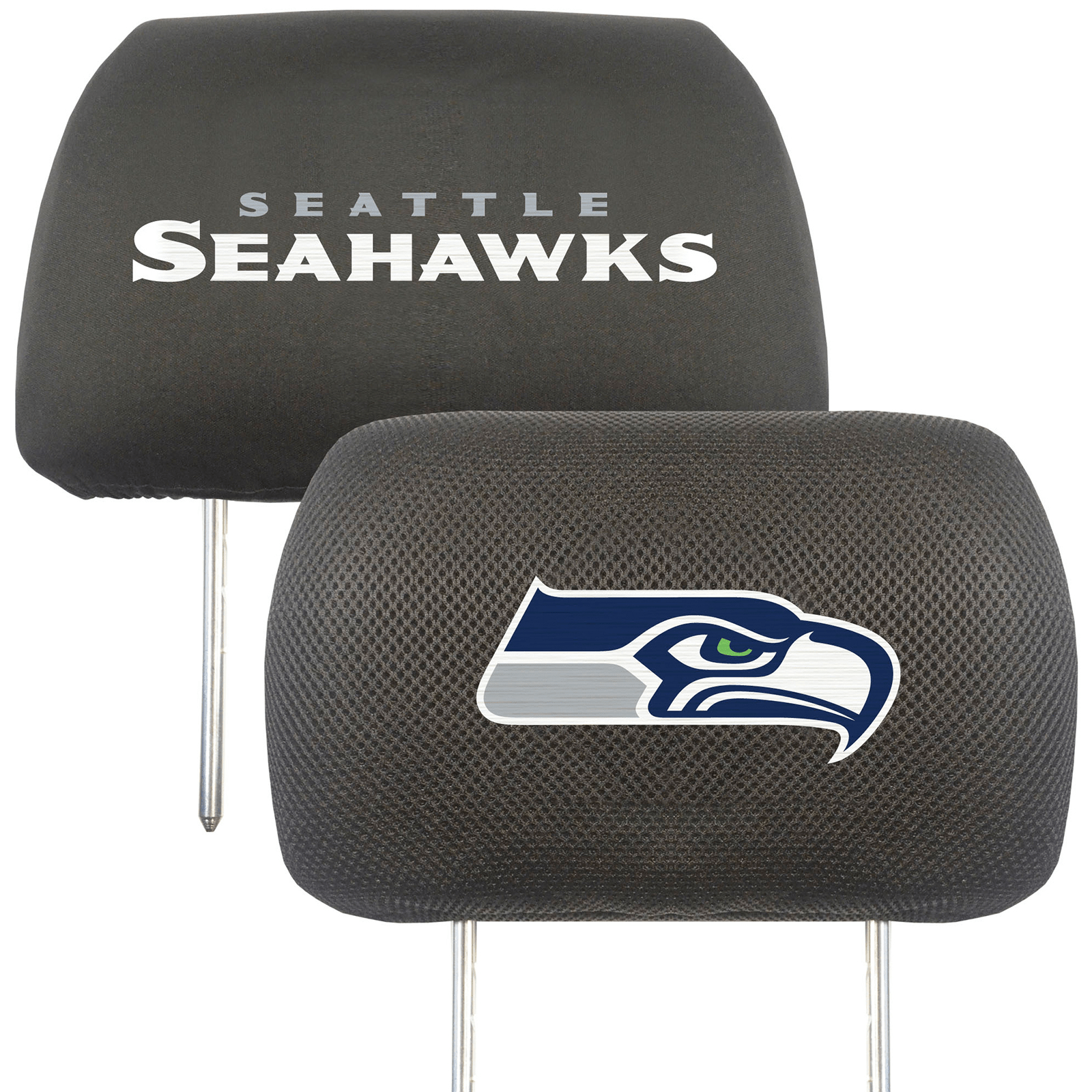NFL 2-PC Car Headrest Cover Set featuring embroidered team logos and names, made from soft polyester and breathable mesh materials.