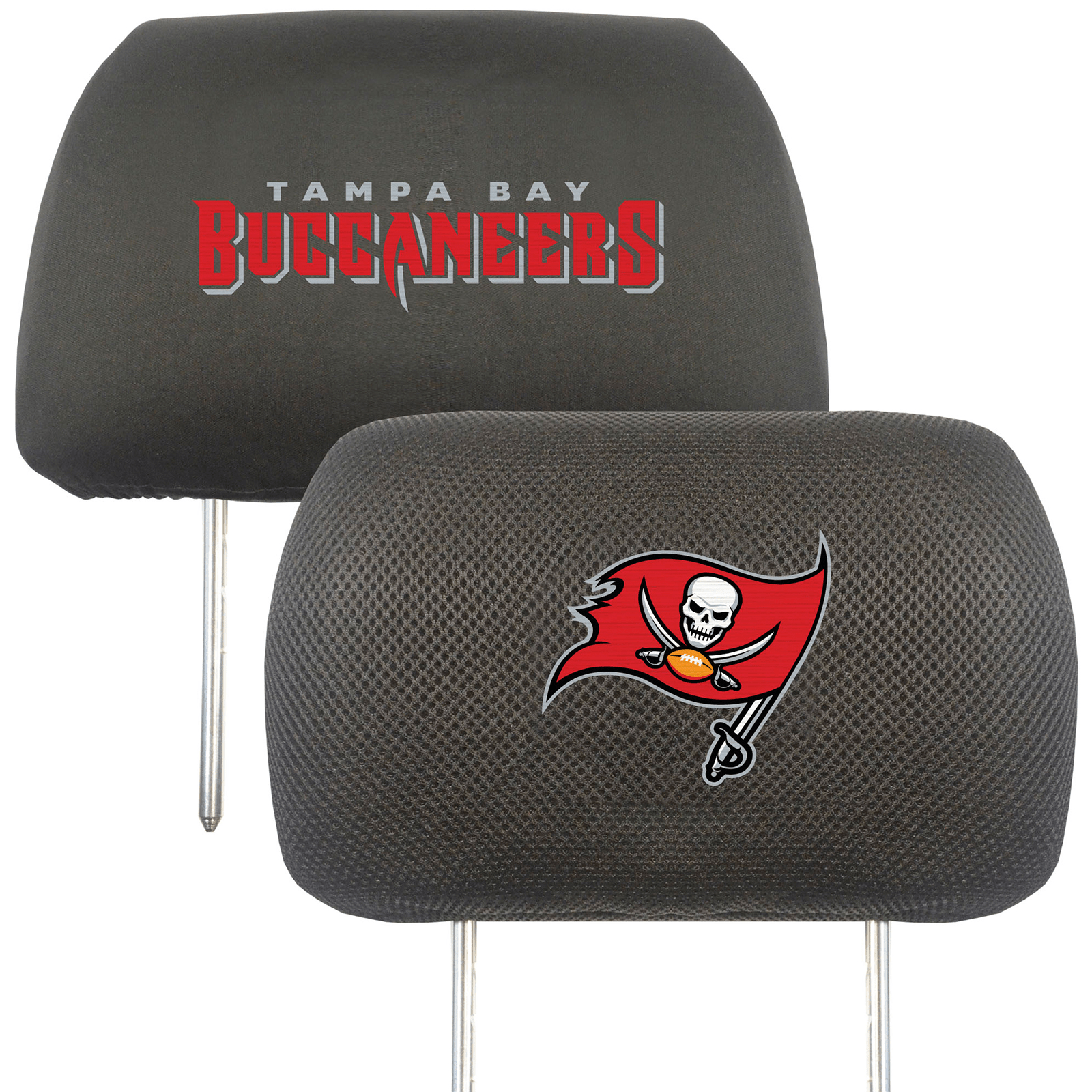 NFL 2-PC Car Headrest Cover Set featuring embroidered team logos and names, made from soft polyester and breathable mesh materials.