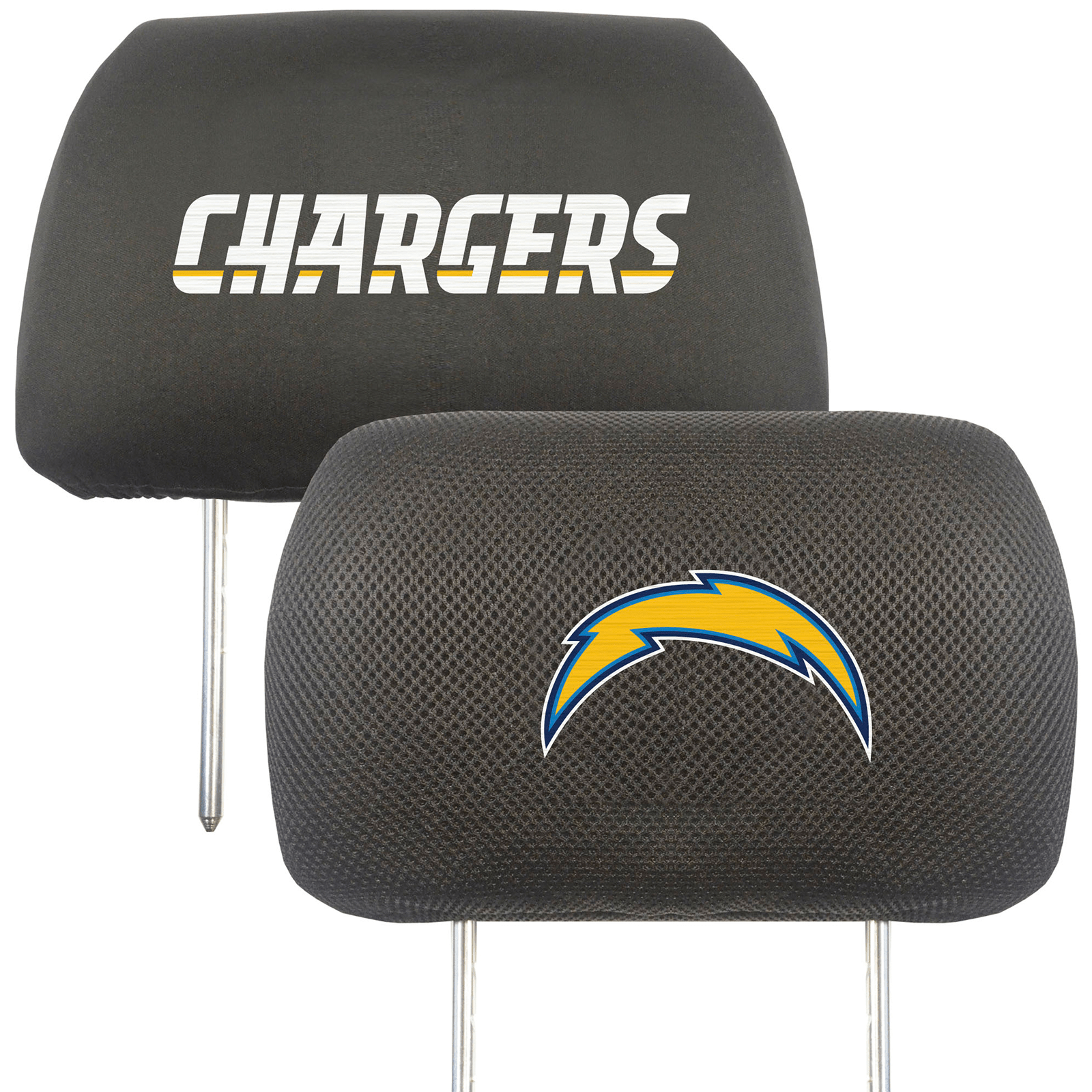 NFL 2-PC Car Headrest Cover Set featuring embroidered team logos and names, made from soft polyester and breathable mesh materials.