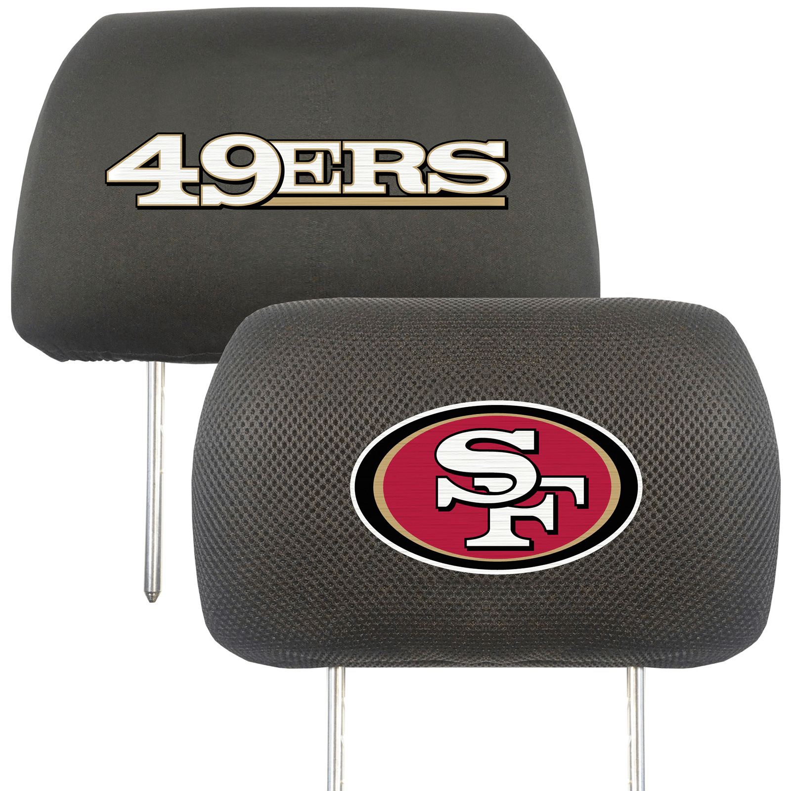 NFL 2-PC Car Headrest Cover Set featuring embroidered team logos and names, made from soft polyester and breathable mesh materials.