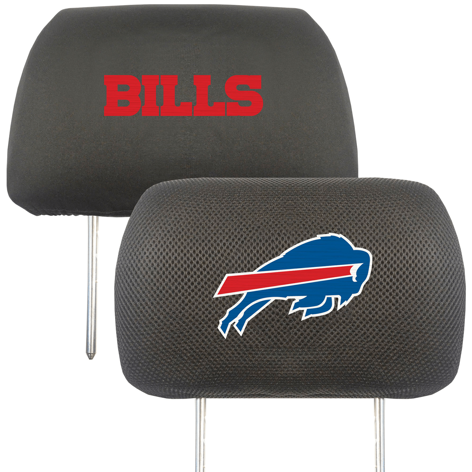 NFL 2-PC Car Headrest Cover Set featuring embroidered team logos and names, made from soft polyester and breathable mesh materials.