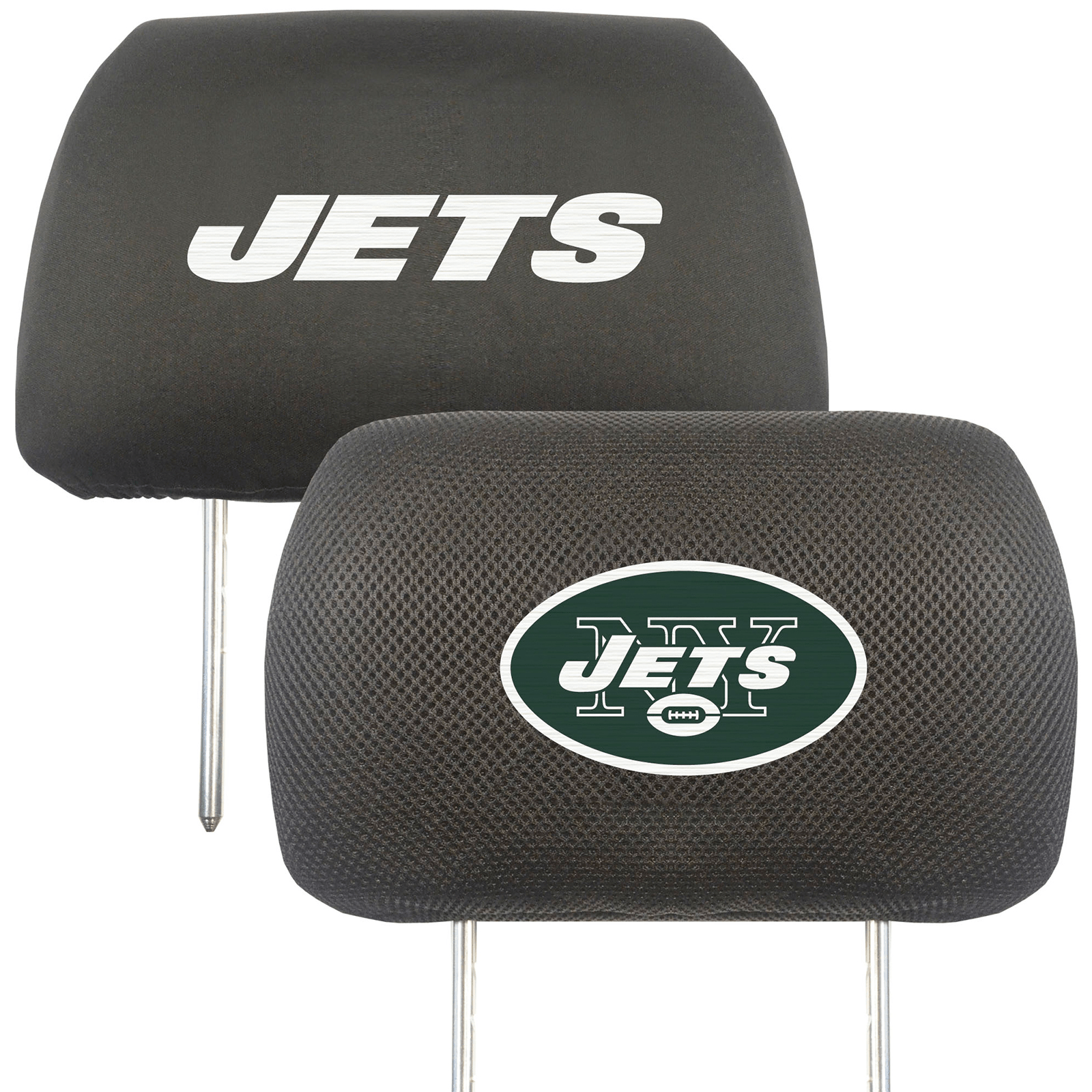 NFL 2-PC Car Headrest Cover Set featuring embroidered team logos and names, made from soft polyester and breathable mesh materials.