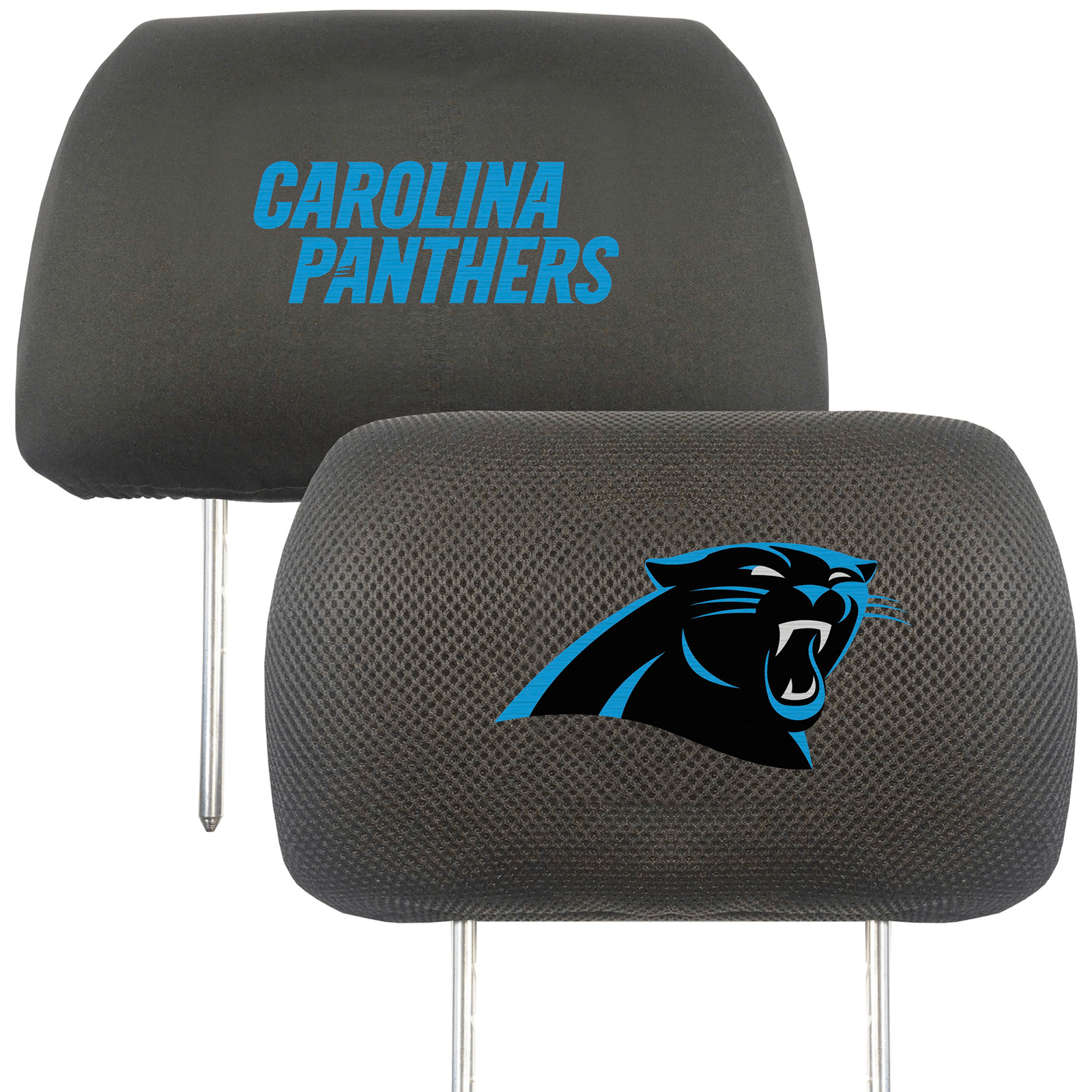 NFL 2-PC Car Headrest Cover Set featuring embroidered team logos and names, made from soft polyester and breathable mesh materials.