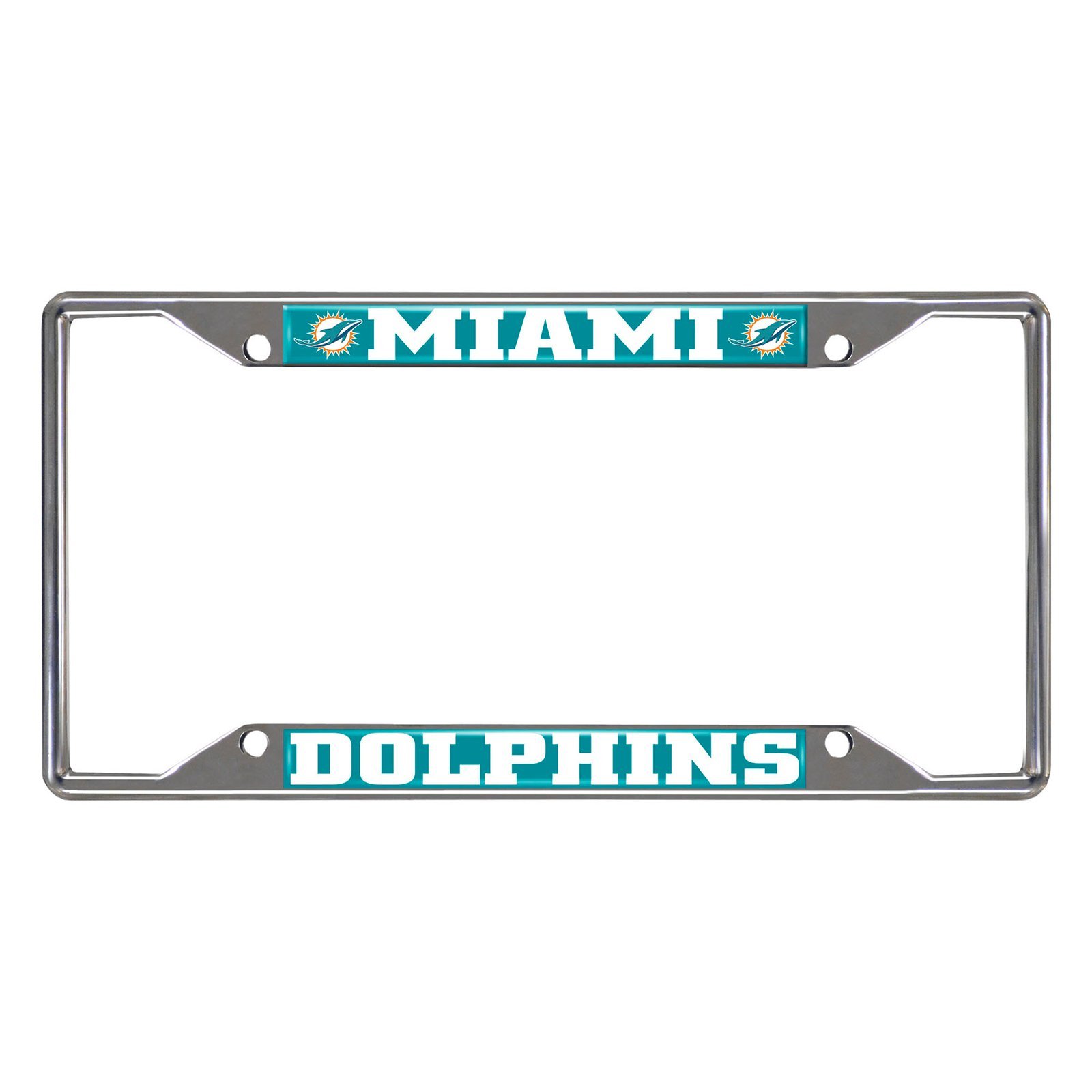 NFL Car License Plate Frame featuring chrome metal with vibrant team logo and name, designed to fit standard license plates.
