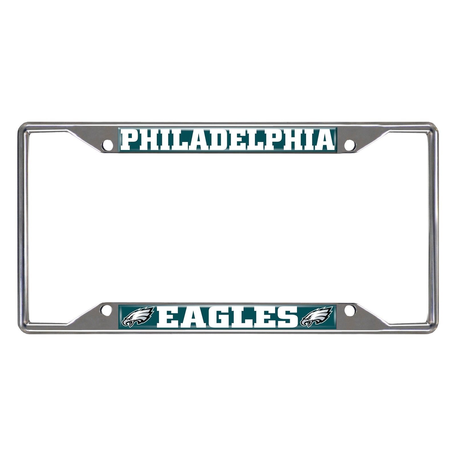 NFL Car License Plate Frame featuring chrome metal with vibrant team logo and name, designed to fit standard license plates.
