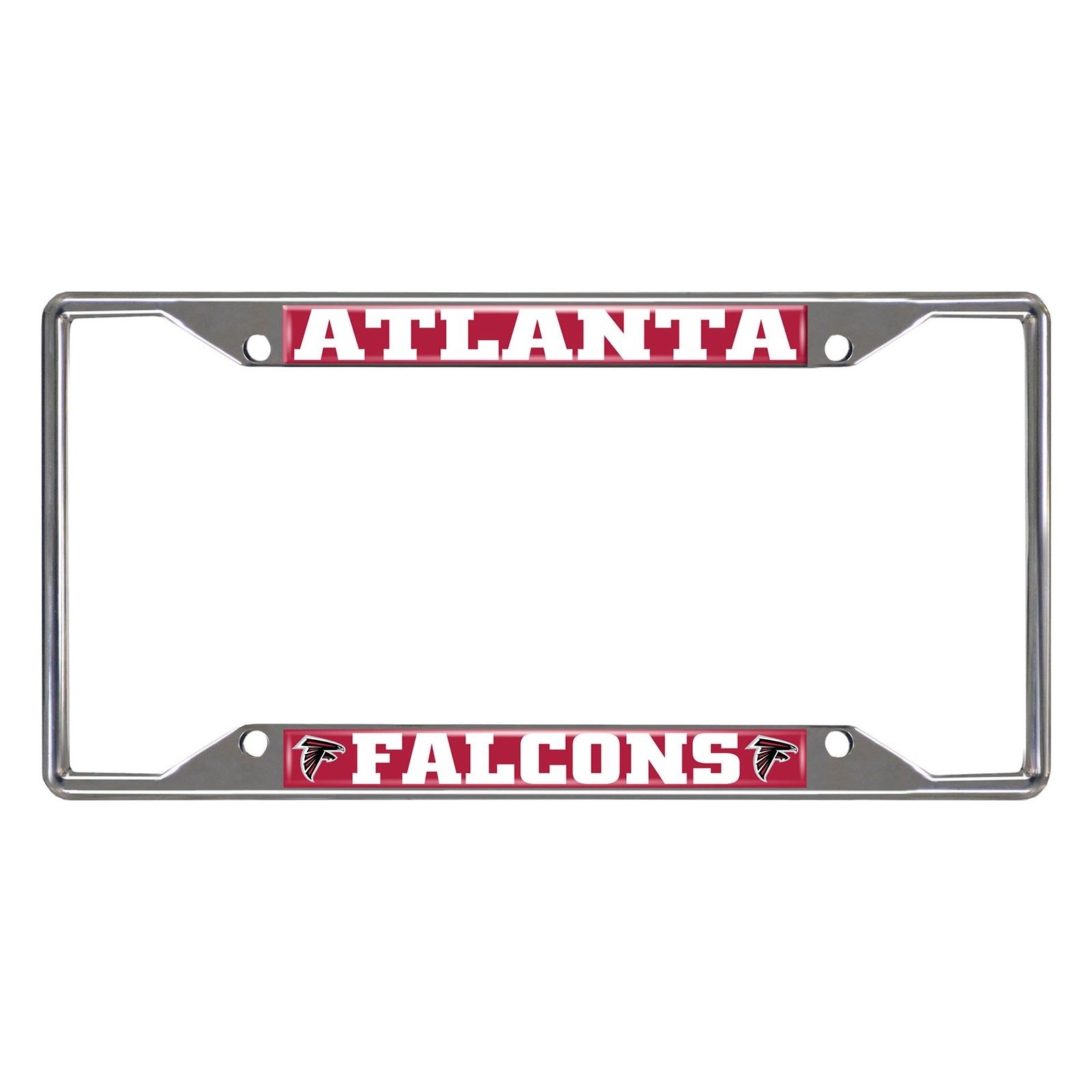 NFL Car License Plate Frame featuring chrome metal with vibrant team logo and name, designed to fit standard license plates.